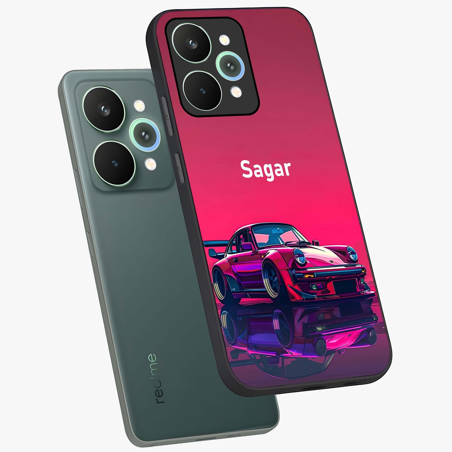 Neon Pink Porsche Glass Case displayed in angled mockup highlighting sleek neon pink car design with racing aesthetic.