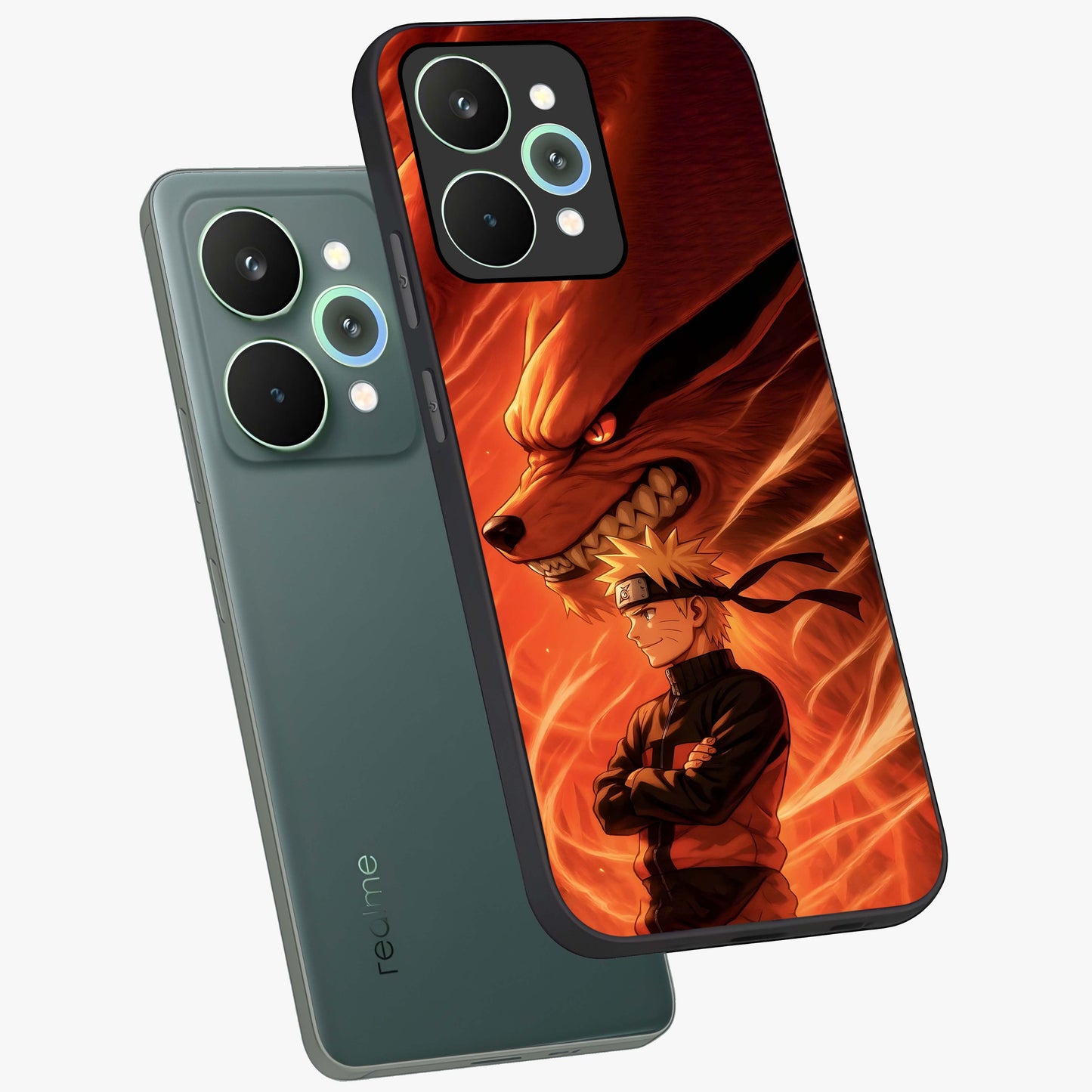 Nine Tails Legacy Glass Case displayed in angled mockup highlighting dynamic anime beast illustration with bold mystical aesthetic.