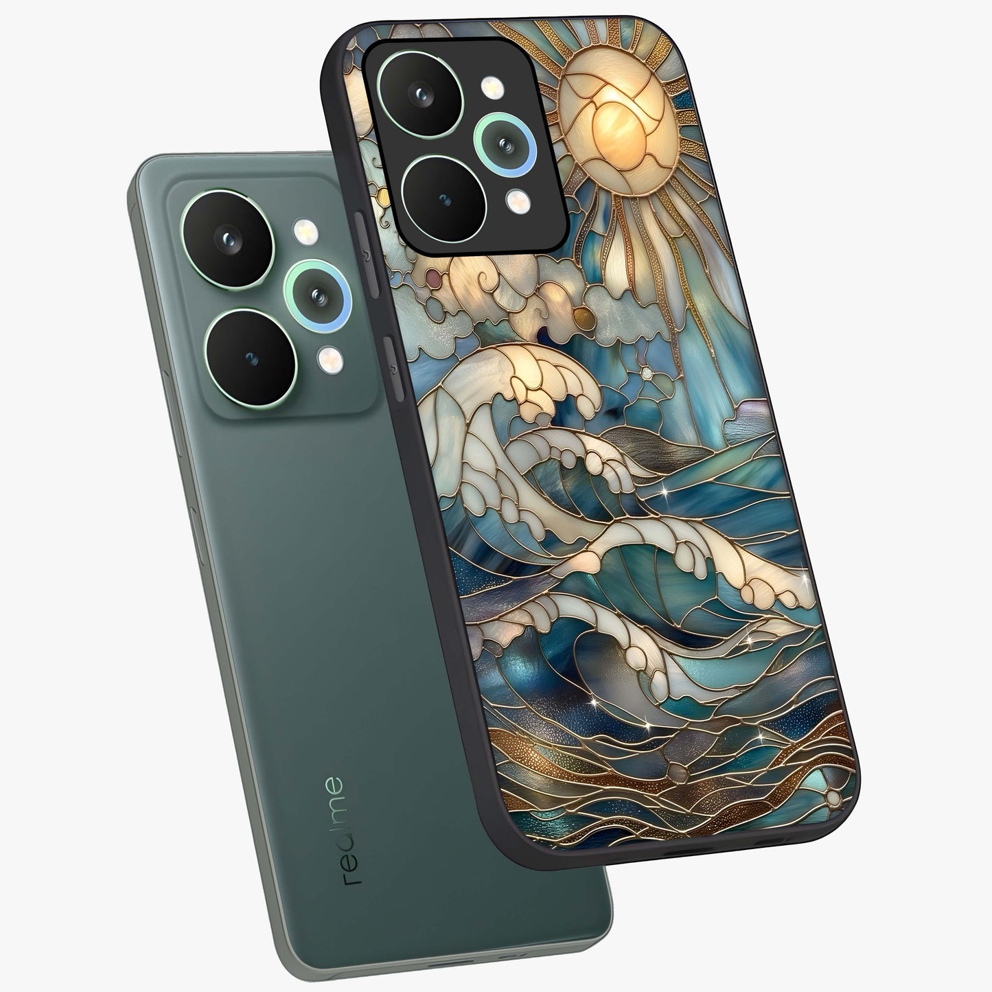 Oceanic Stained Printed Glass Case displayed in angled mockup highlighting colorful aquatic design with artistic aesthetic style.