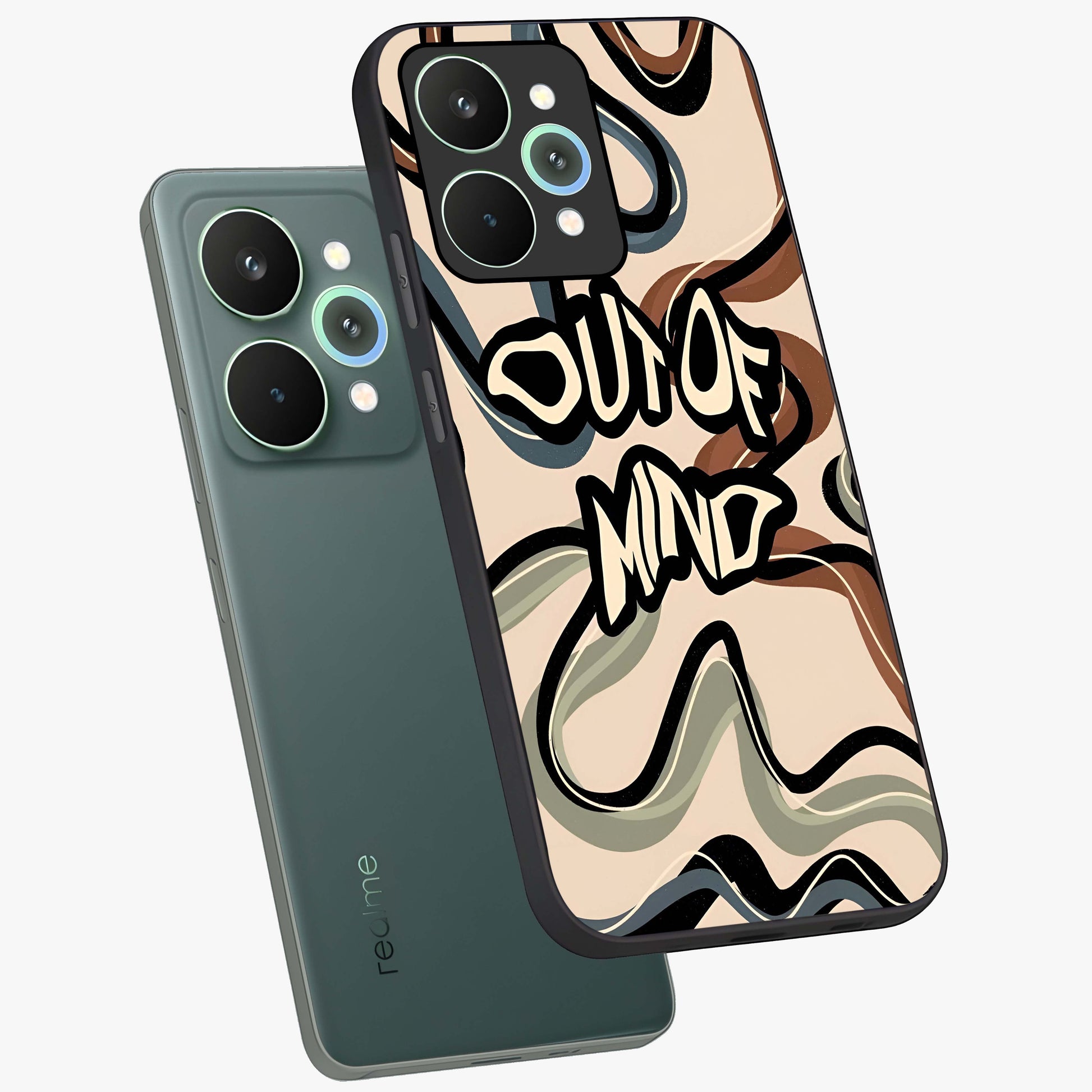 Out Of Mind Glass Case displayed in angled mockup highlighting bold statement design with modern artistic aesthetic.