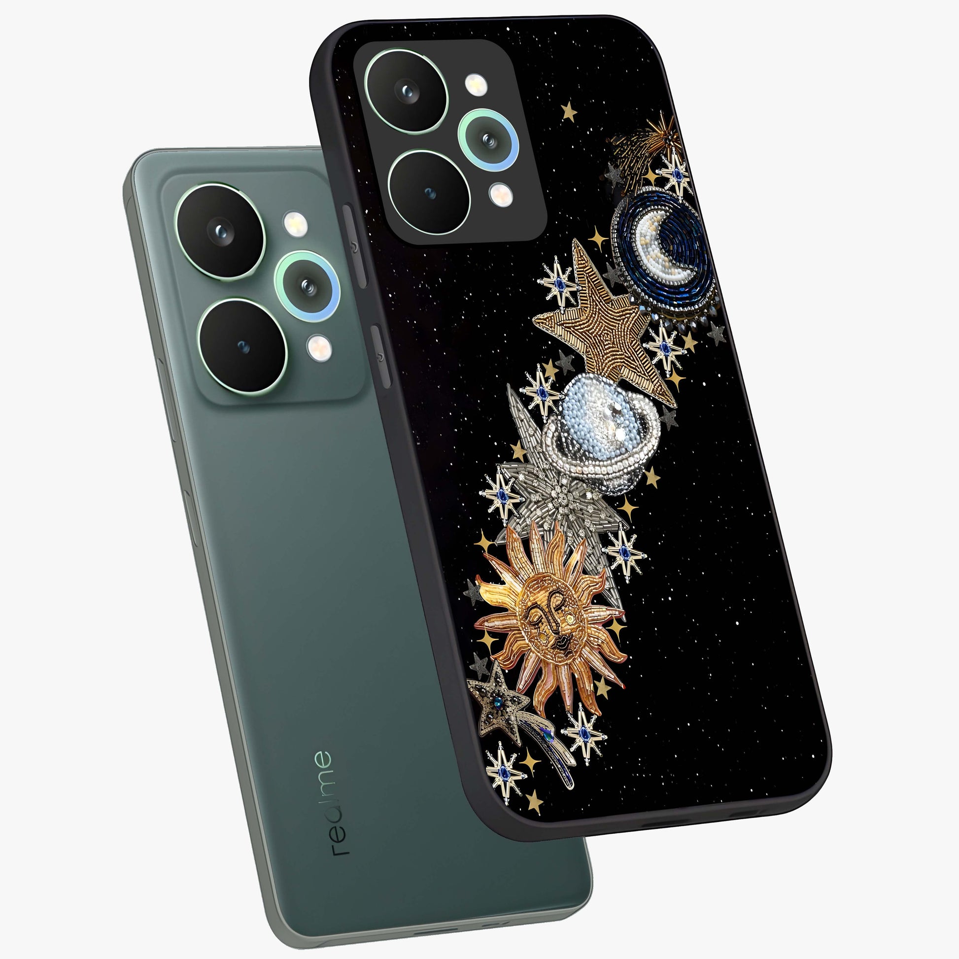 Pearls Universe Object Glass Case displayed in angled mockup highlighting celestial pearl design with dreamy aesthetic.