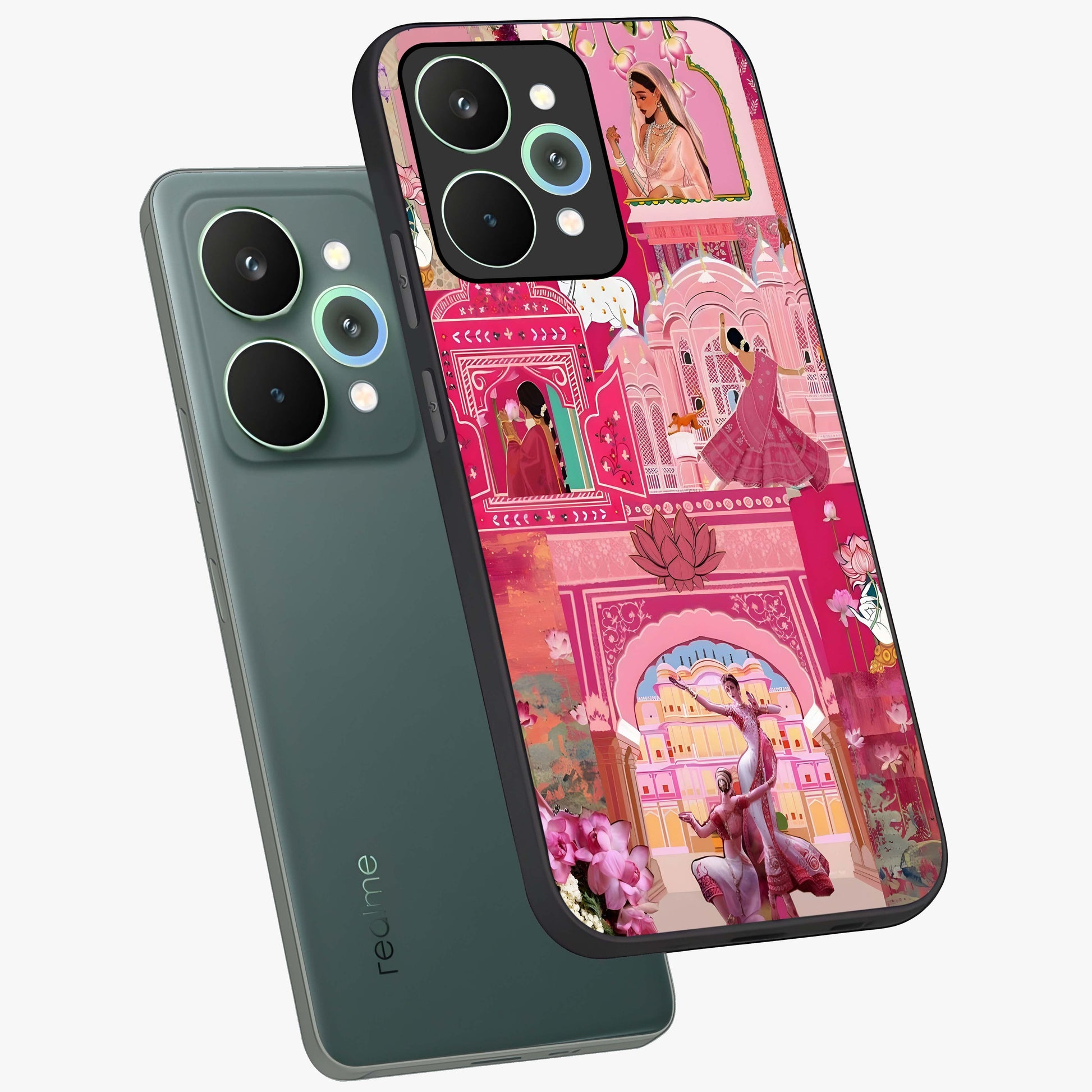 Pink Palace Muse Glass Case displayed in angled mockup highlighting dreamy palace illustration with soft pink aesthetic.