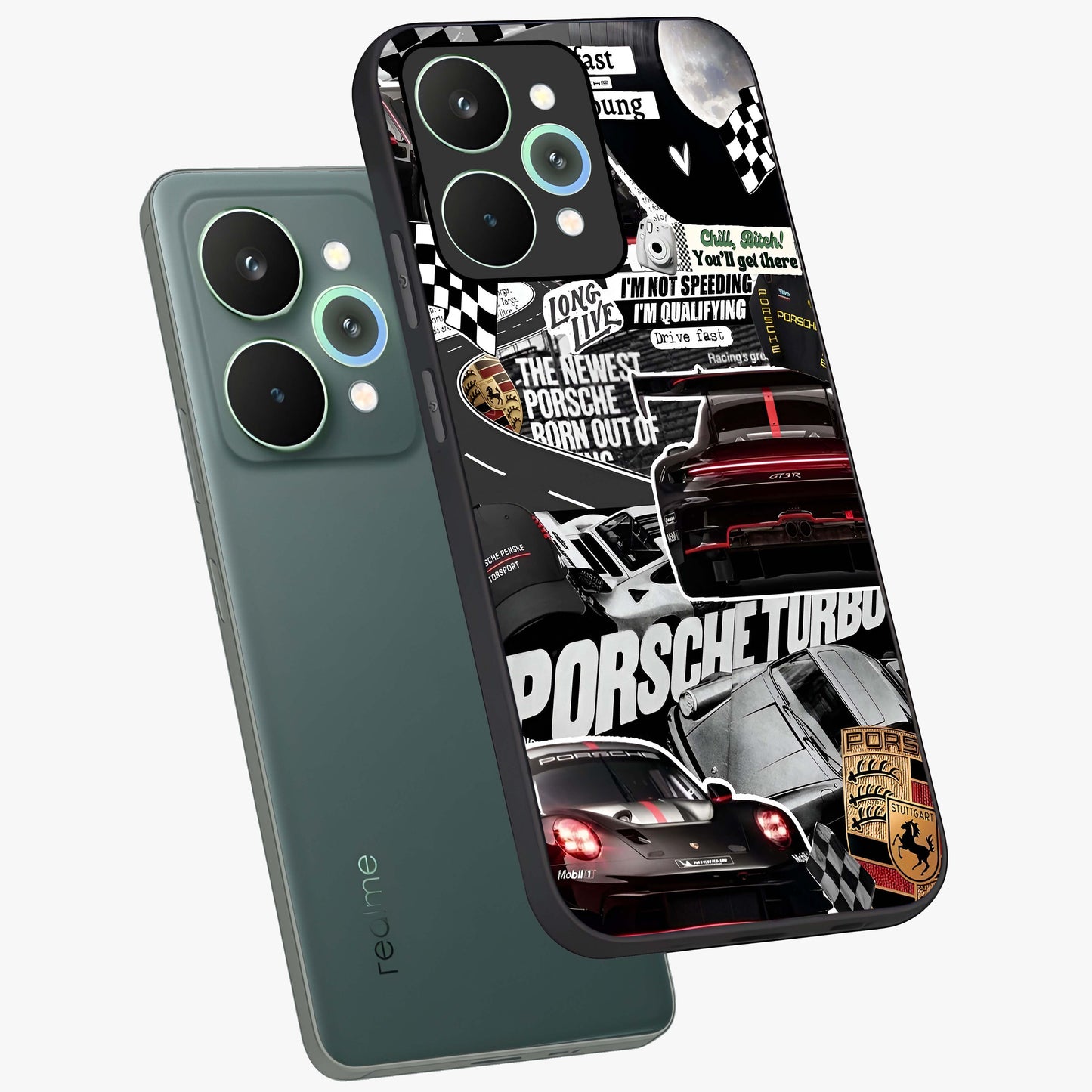 Porsche Racing Collage Glass Case displayed in angled mockup highlighting dynamic automotive design with bold racing aesthetic.
