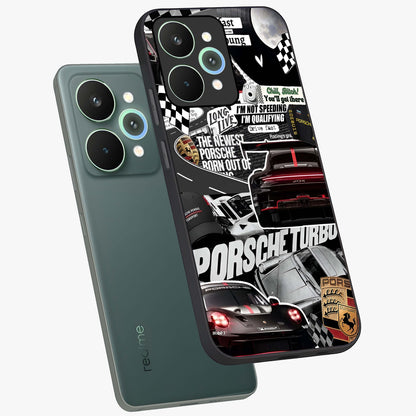 Porsche Racing Collage Glass Case displayed in angled mockup highlighting dynamic automotive design with bold racing aesthetic.