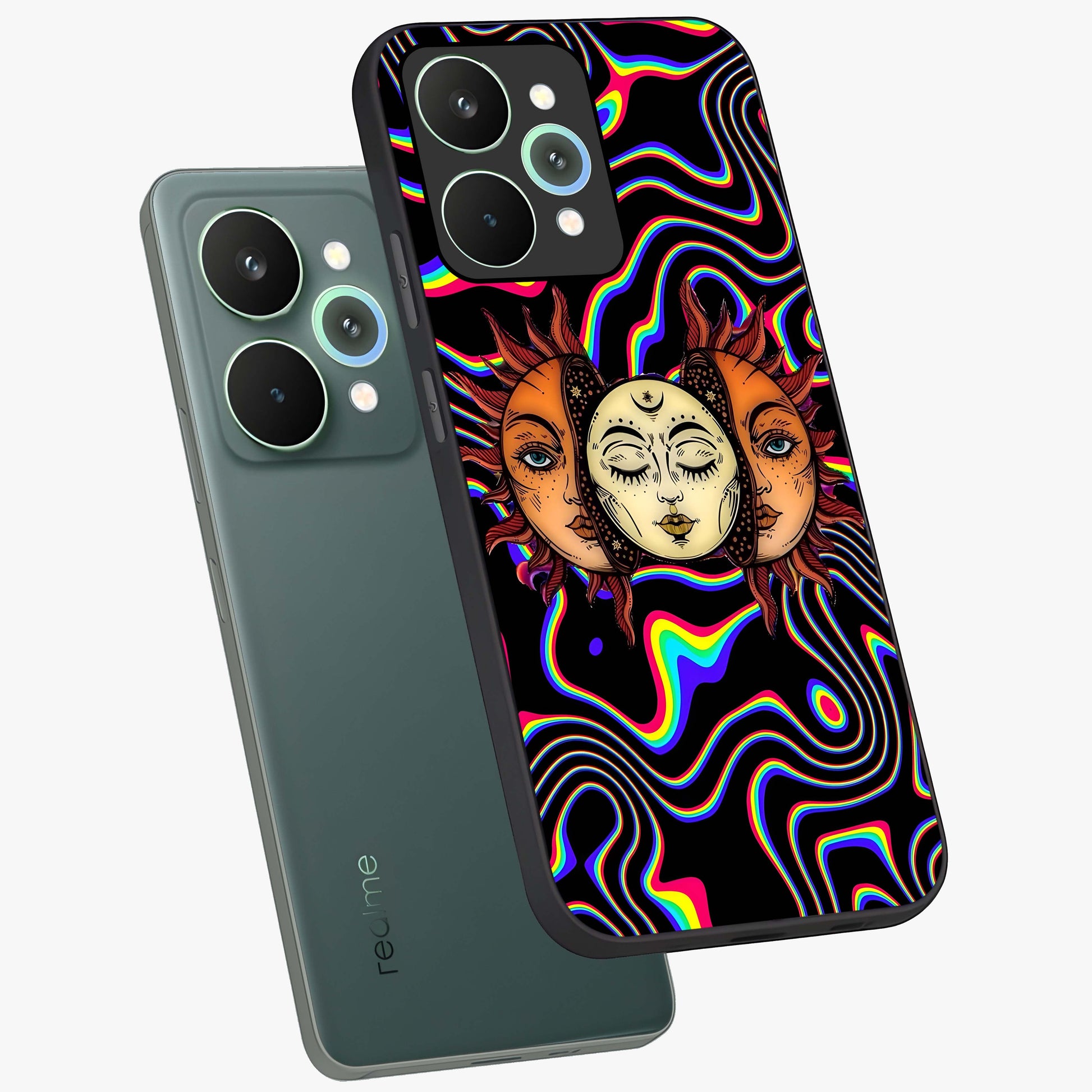 Psychedelic Sun Glass Case displayed in angled mockup highlighting vibrant abstract sun design with artistic aesthetic style.