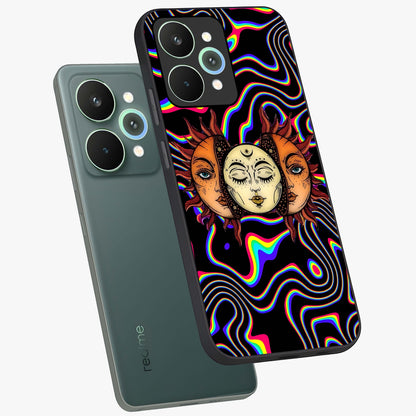 Psychedelic Sun Glass Case displayed in angled mockup highlighting vibrant abstract sun design with artistic aesthetic style.