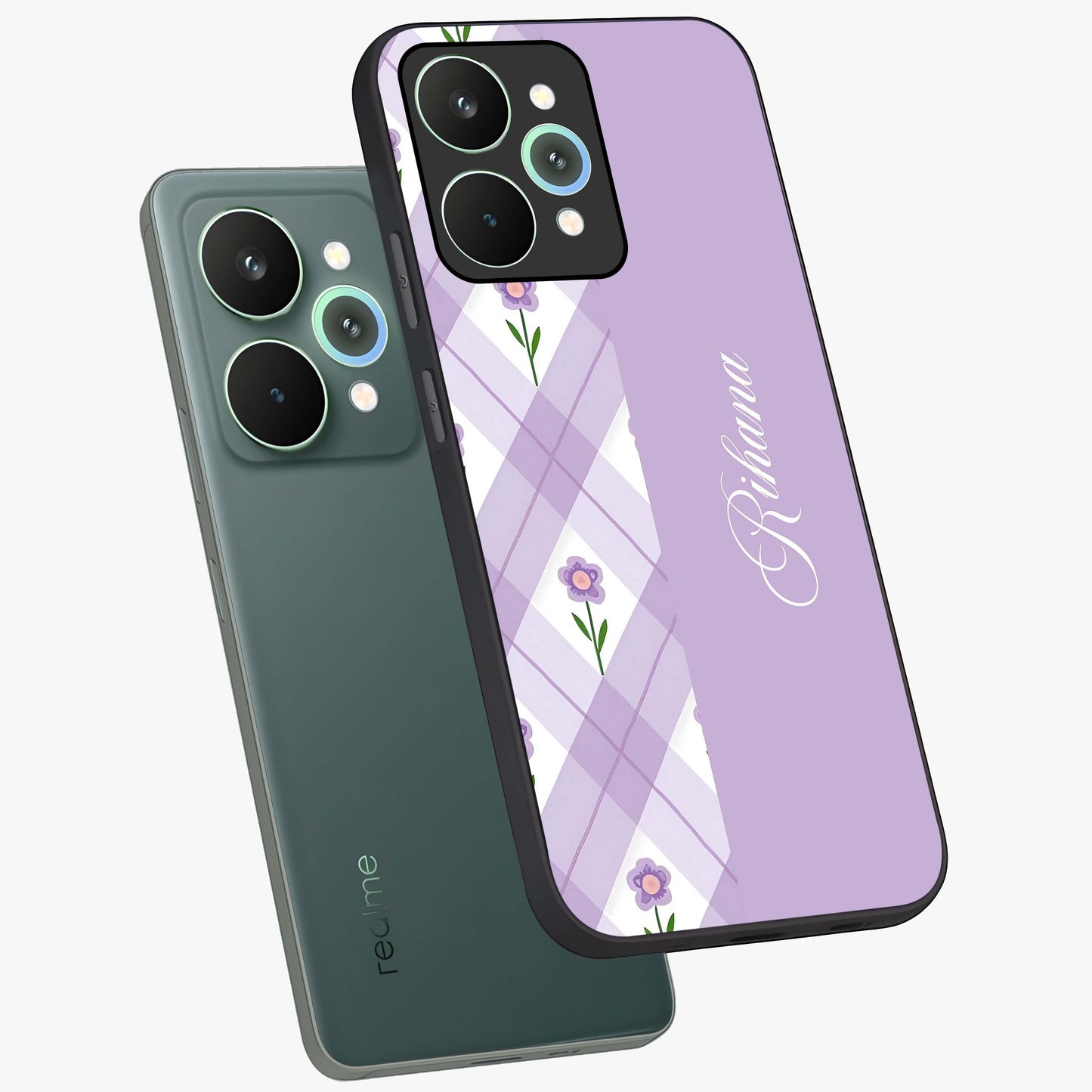 Purple Diamond Floral Glass Case displayed in angled mockup highlighting elegant purple flower design with decorative pattern.