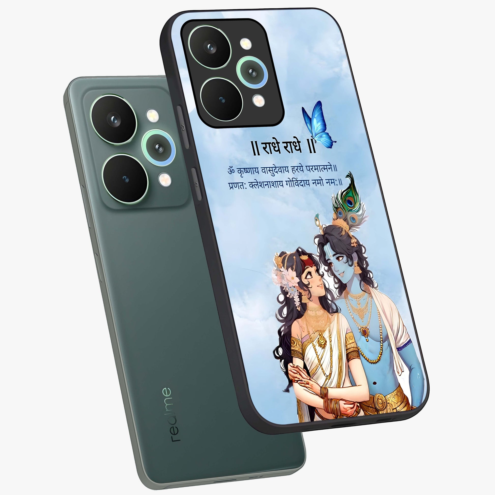 Radha Krishna Eternal Glass Case displayed in angled mockup highlighting divine Radha Krishna illustration with spiritual aesthetic.