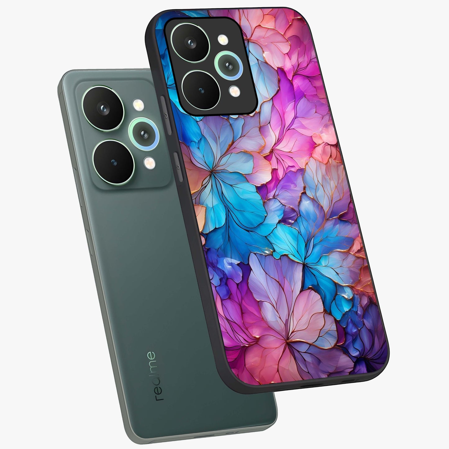 Radiant Floral Whirl Glass Case displayed in angled mockup highlighting vibrant flower pattern with dynamic artistic aesthetic.