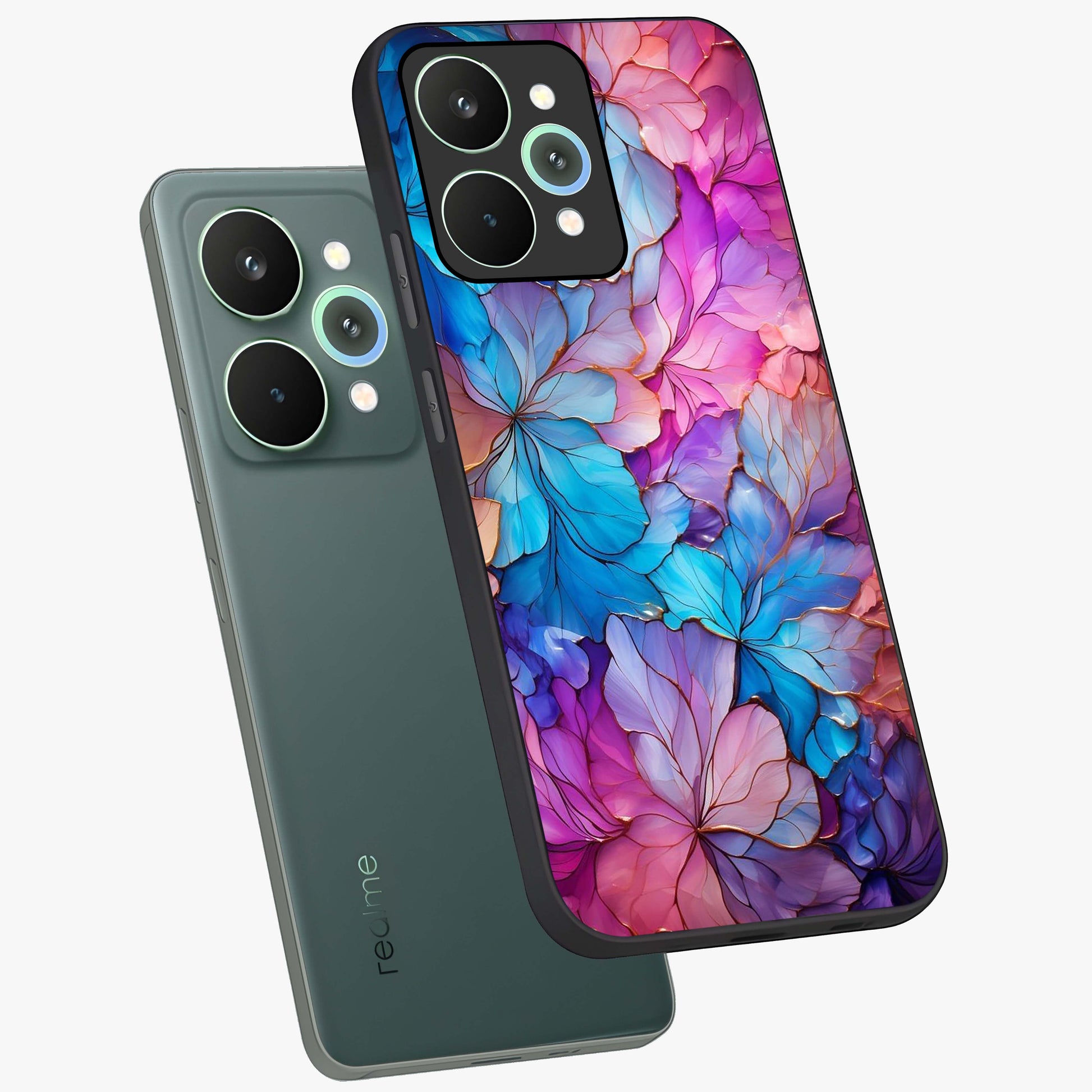 Radiant Floral Whirl Glass Case displayed in angled mockup highlighting vibrant flower pattern with dynamic artistic aesthetic.