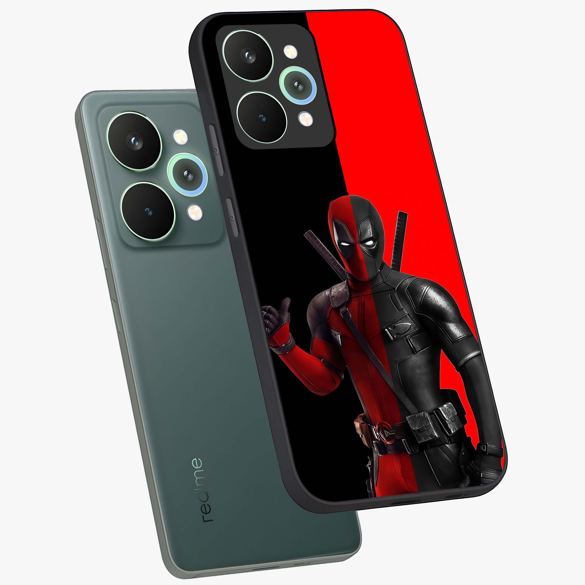 Red & Black Deadpool Theme Glass Case displayed in angled mockup highlighting vibrant superhero style illustration with action aesthetic.