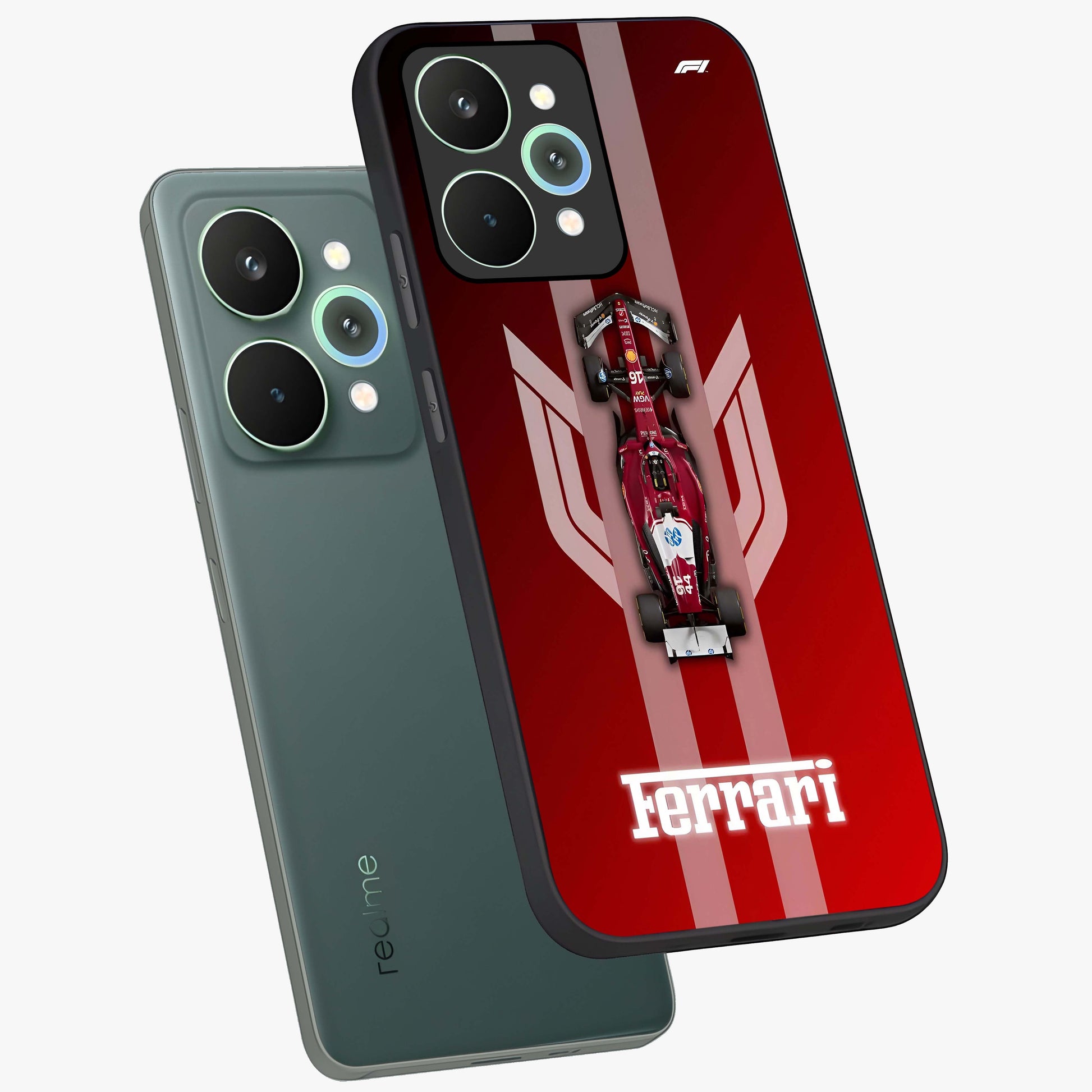 Red Ferrari F1 Vertical Glass Case displayed in angled mockup highlighting high speed racing design with bold automotive aesthetic.