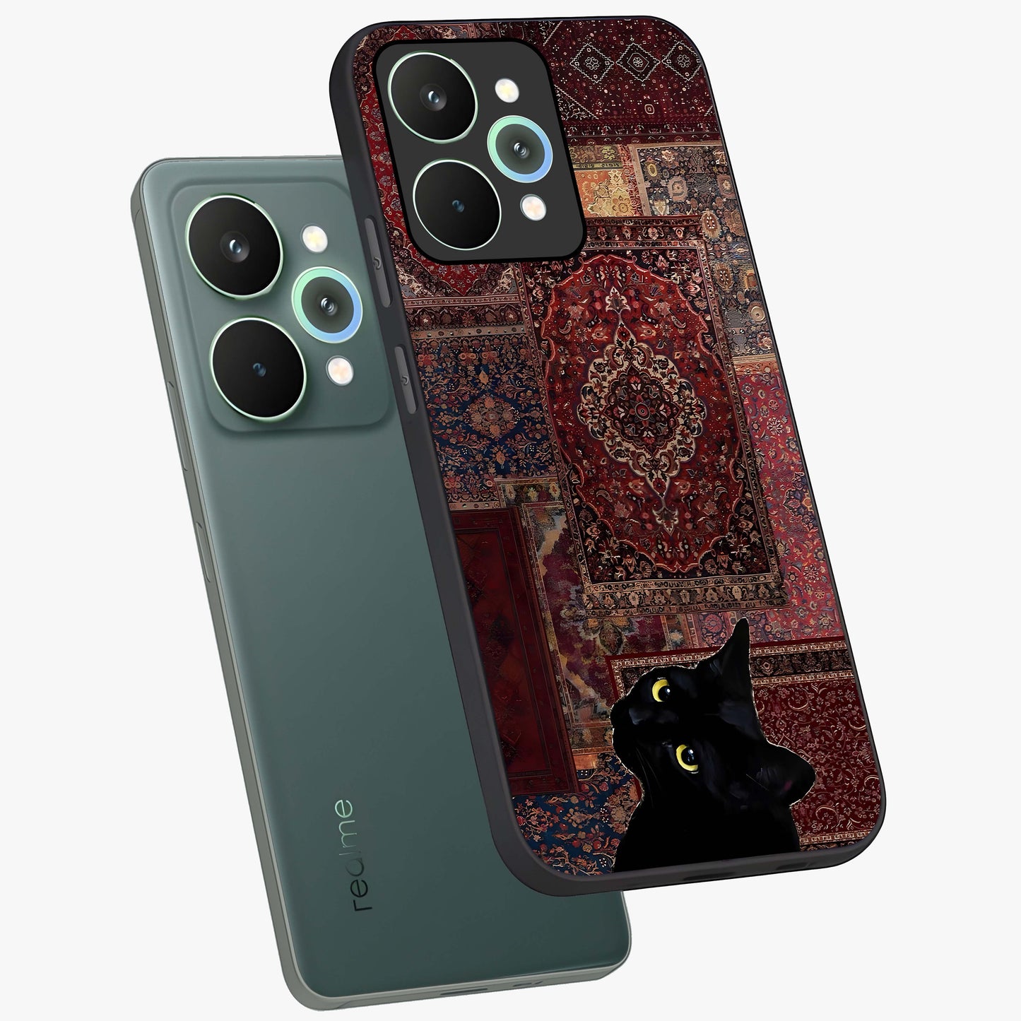 Regal Magic Cat Apple Glass Case displayed in angled mockup highlighting whimsical feline design with fantasy aesthetic.
