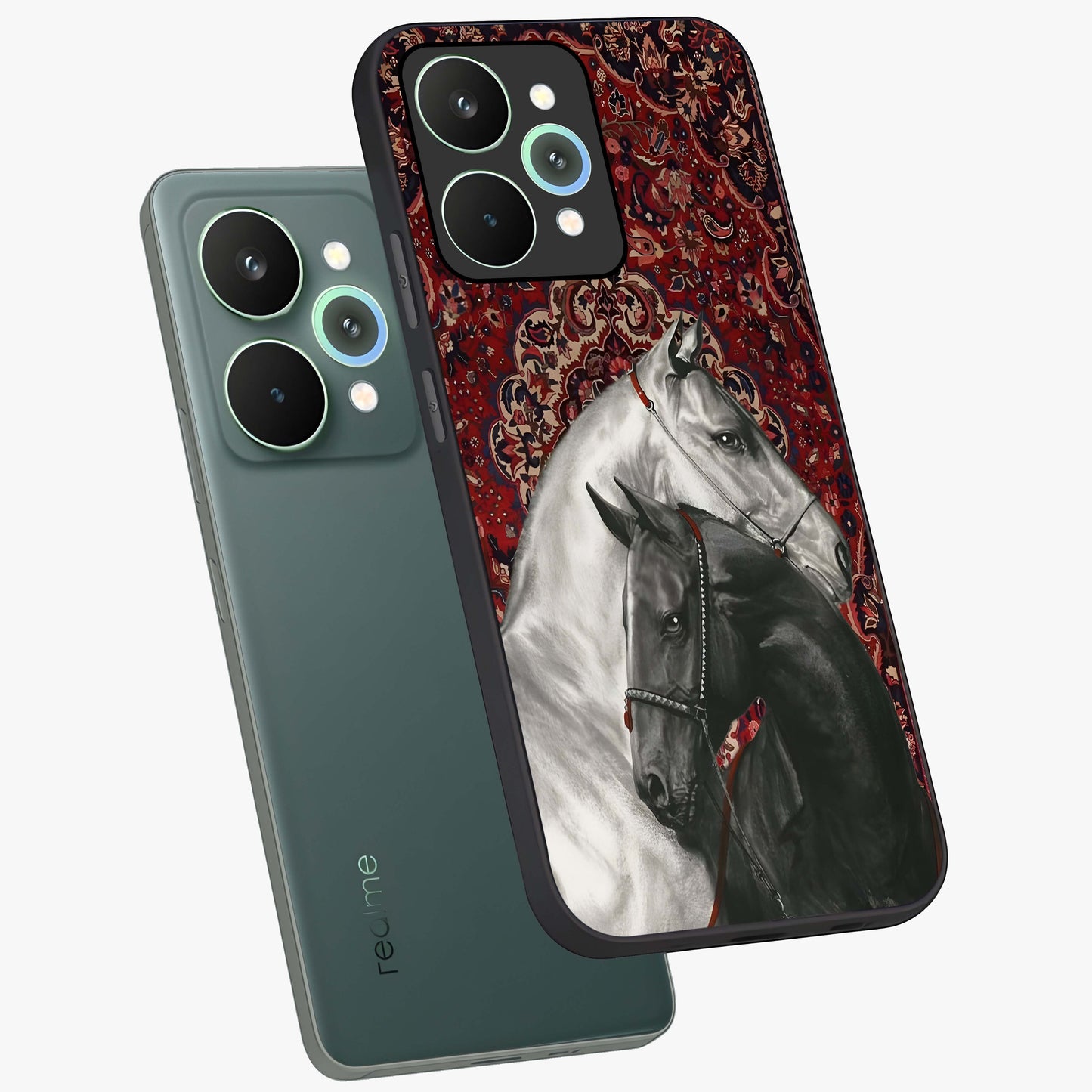 Regal Stallion Tapestry Glass Case displayed in angled mockup highlighting royal stallion design with decorative heritage aesthetic.