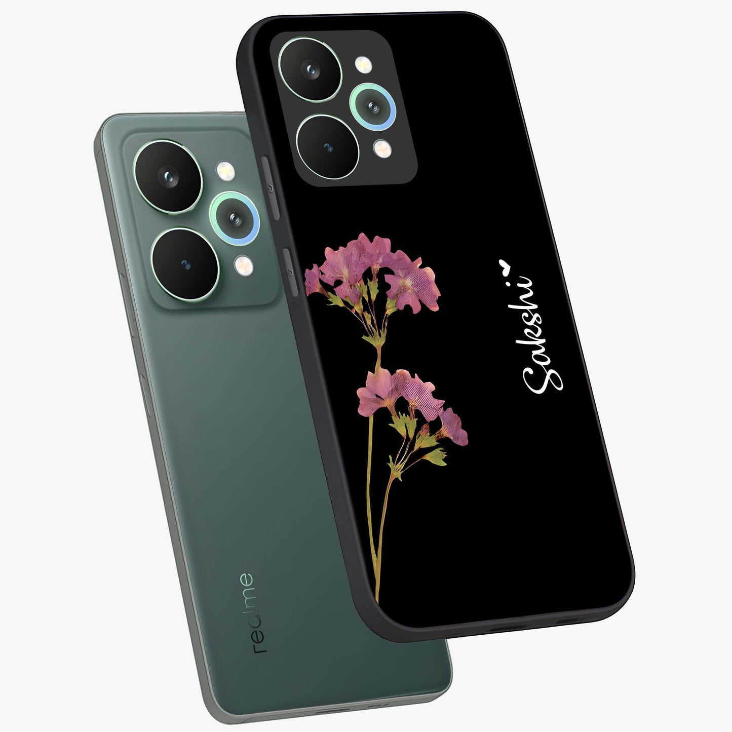 Riching Lavender Flower Custom Name Glass Case displayed in angled mockup highlighting delicate lavender flower design with custom name feature.
