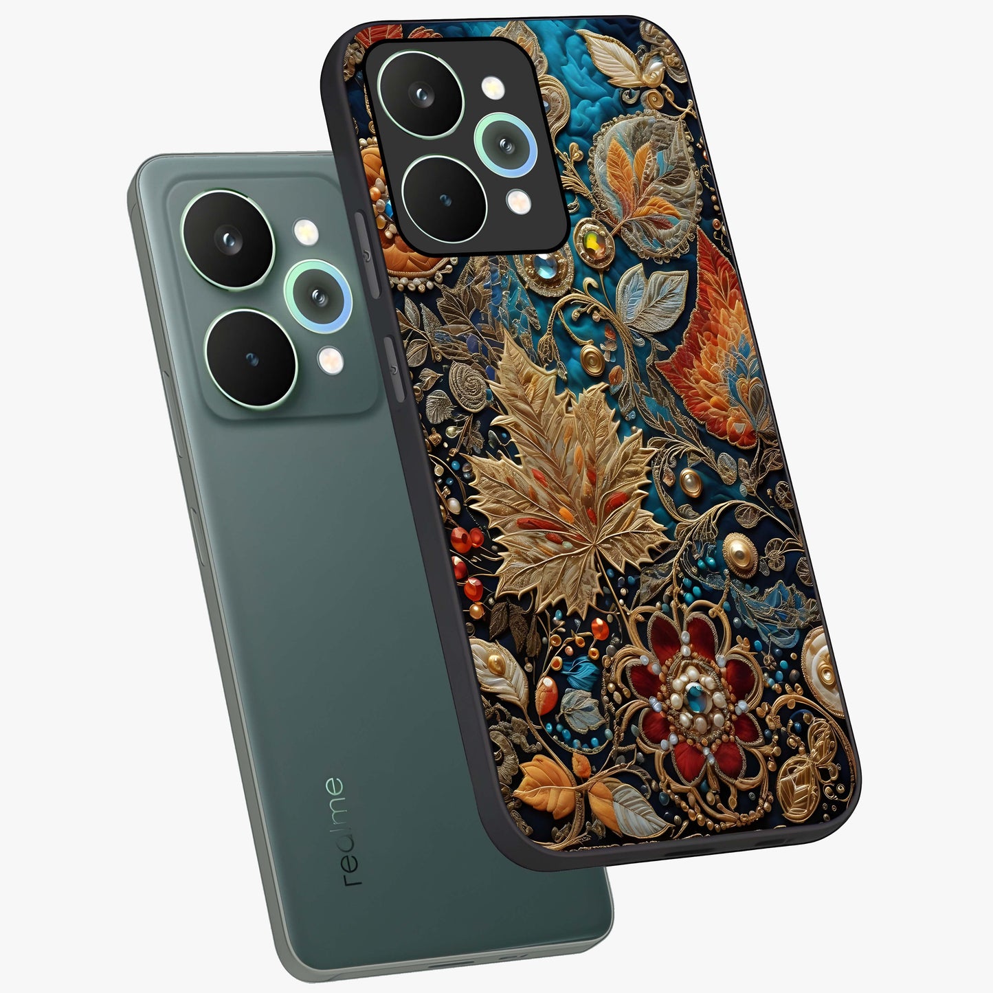Royal Jewel Garden Glass Case displayed in angled mockup highlighting vibrant jewel inspired floral design with elegant aesthetic.