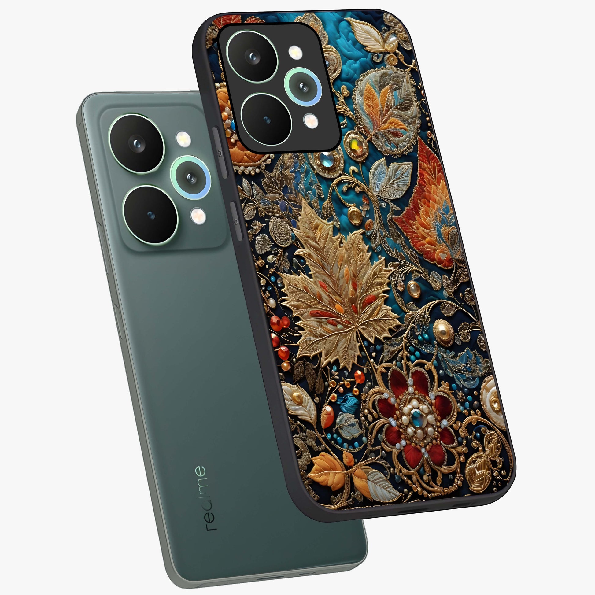 Royal Jewel Garden Glass Case displayed in angled mockup highlighting vibrant jewel inspired floral design with elegant aesthetic.