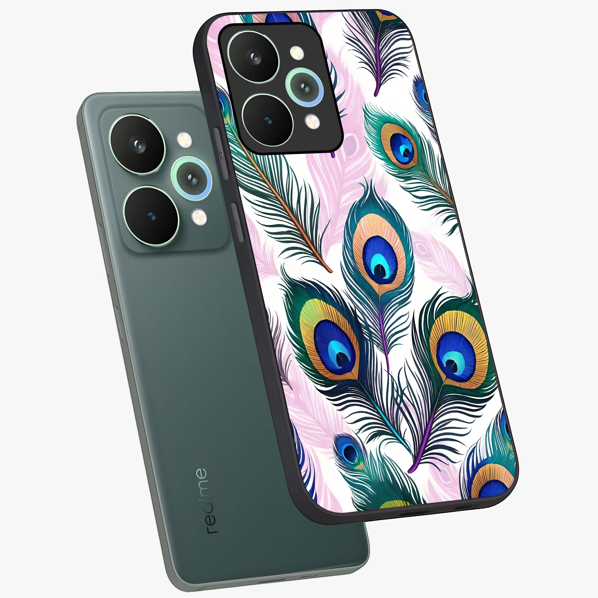 Royal Peacock Feathers Glass Case displayed in angled mockup highlighting vibrant feather pattern with regal aesthetic style.