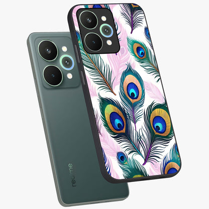 Royal Peacock Feathers Glass Case displayed in angled mockup highlighting vibrant feather pattern with regal aesthetic style.