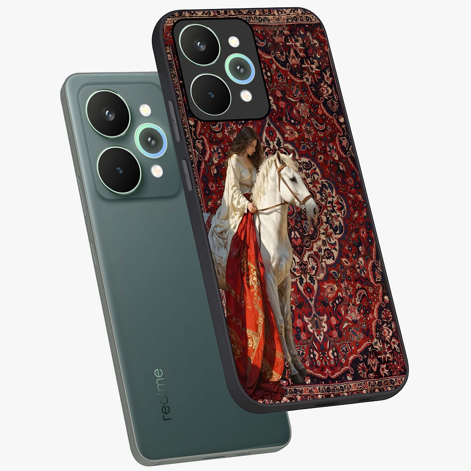 Royal Rider Tapestry Glass Case displayed in angled mockup highlighting traditional tapestry design with royal heritage aesthetic.