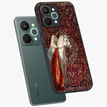 Royal Rider Tapestry Glass Case displayed in angled mockup highlighting traditional tapestry design with royal heritage aesthetic.