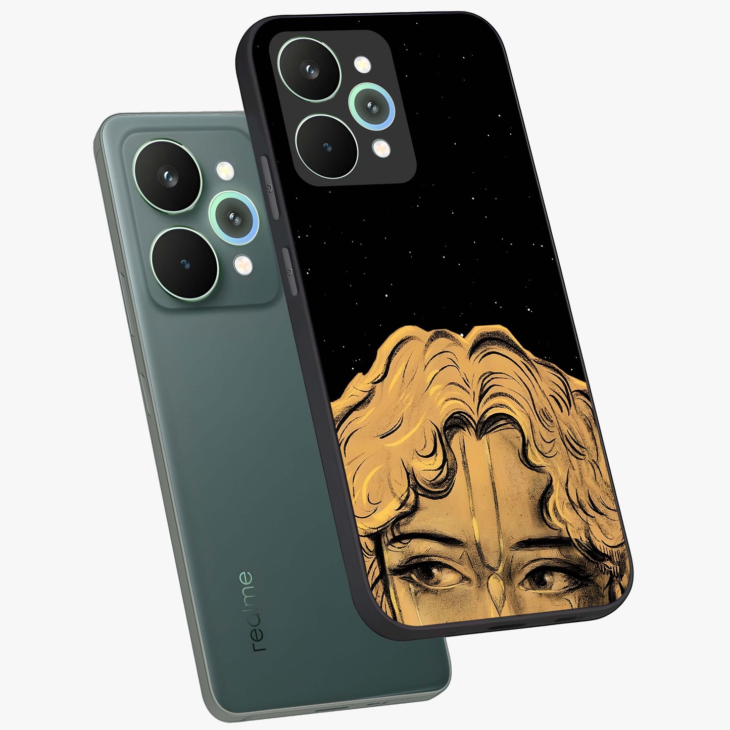 Shri Krishna Art Glass Case displayed in angled mockup highlighting spiritual Krishna illustration with divine aesthetic.