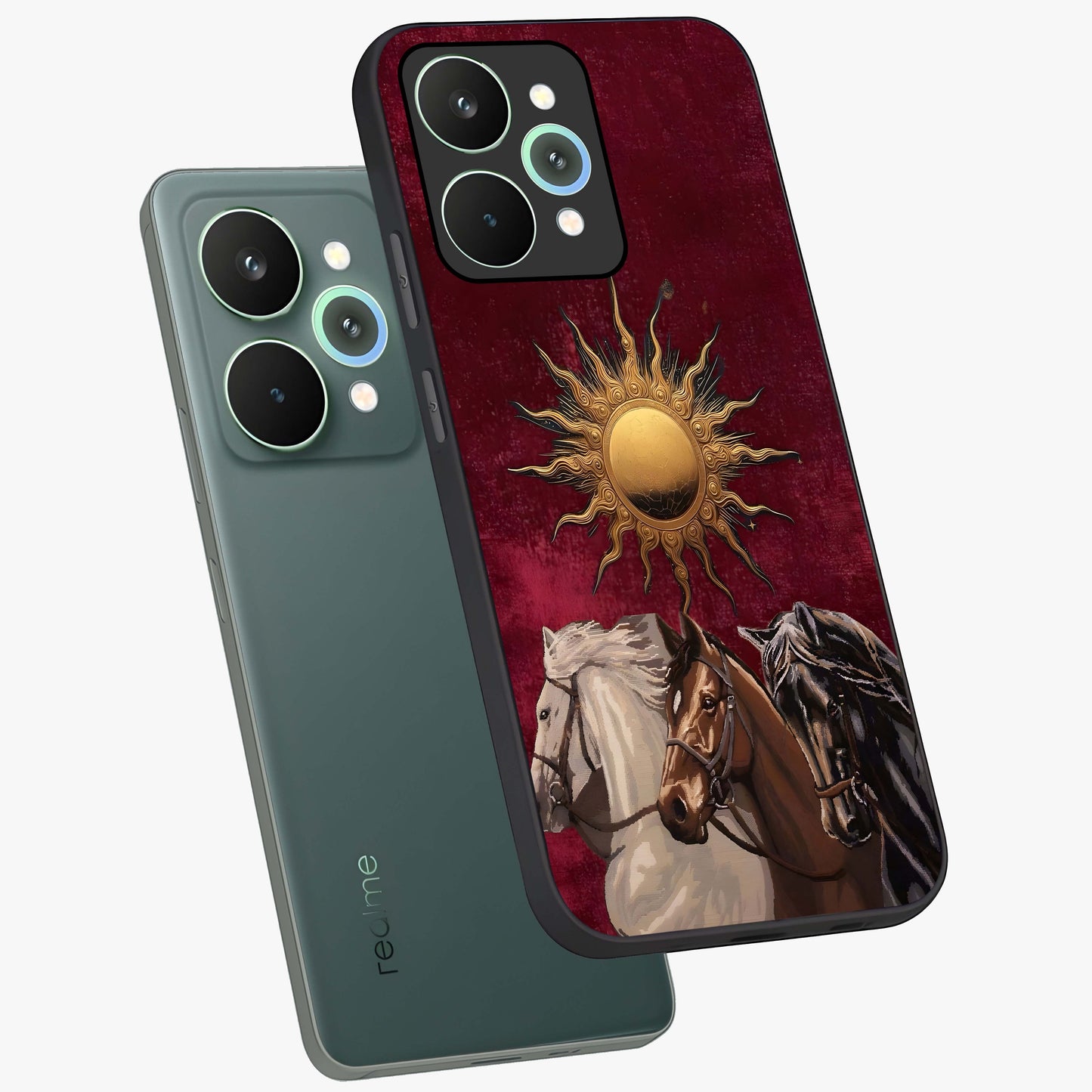 Solar Riders Glass Case displayed in angled mockup highlighting powerful rider illustration with radiant solar aesthetic.