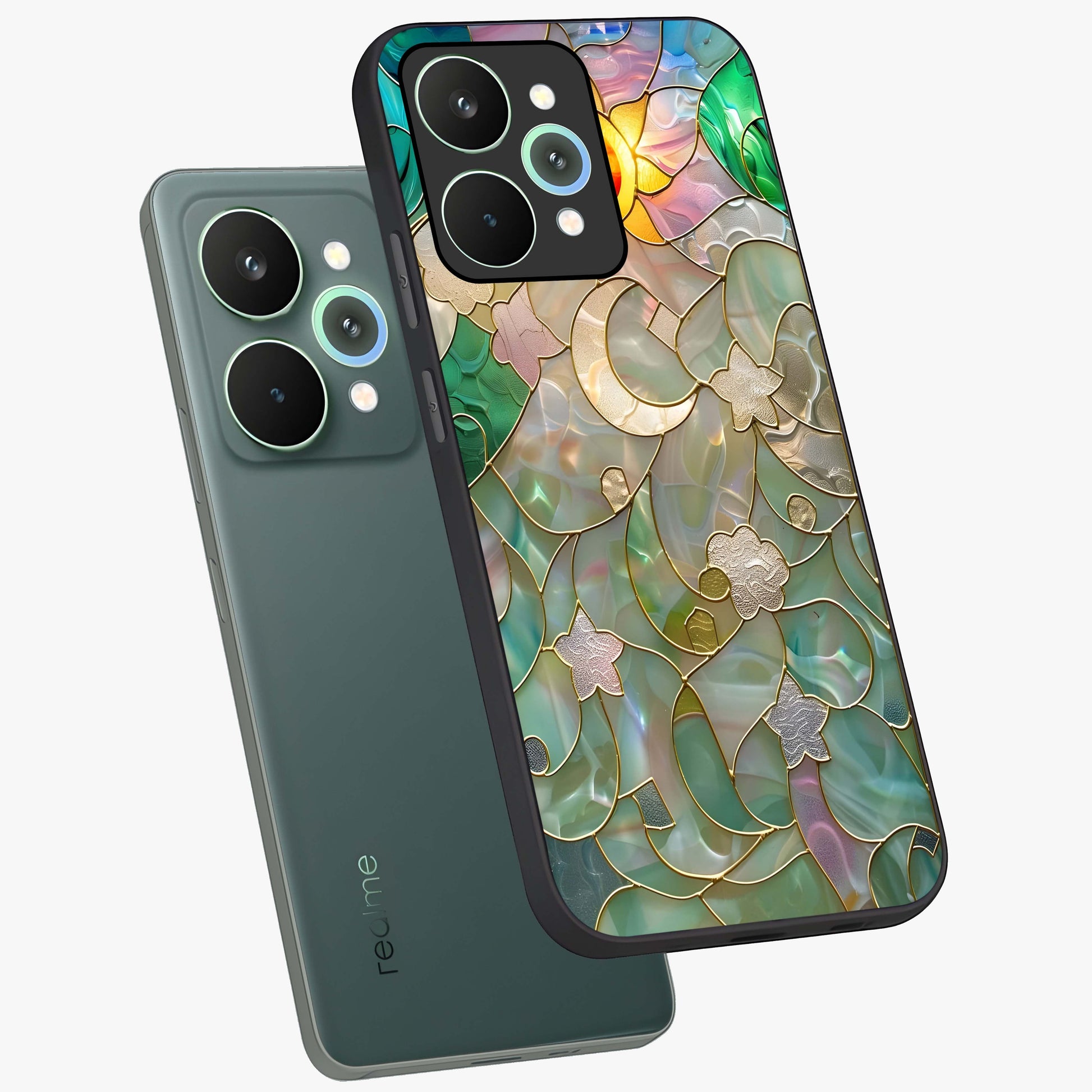 Stained Sunrise Glow Glass Case displayed in angled mockup highlighting radiant sunrise design with artistic aesthetic style.
