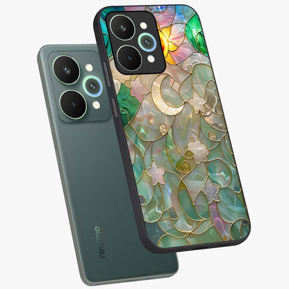 Stained Sunrise Glow Glass Case displayed in angled mockup highlighting radiant sunrise design with artistic aesthetic style.