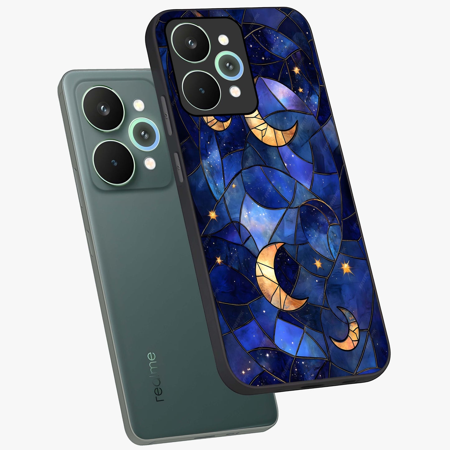 Starlit Sky Tapestry Glass Case displayed in angled mockup highlighting celestial night pattern with artistic aesthetic style.
