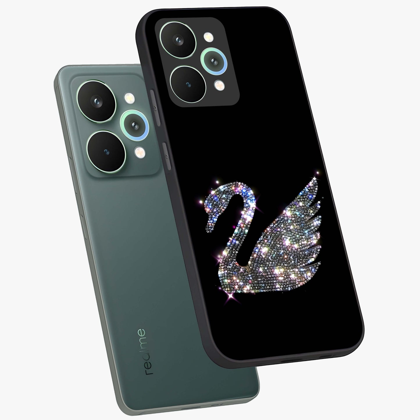 Starlit Swan Grace Glass Case displayed in angled mockup highlighting elegant swan illustration with dreamy celestial aesthetic.