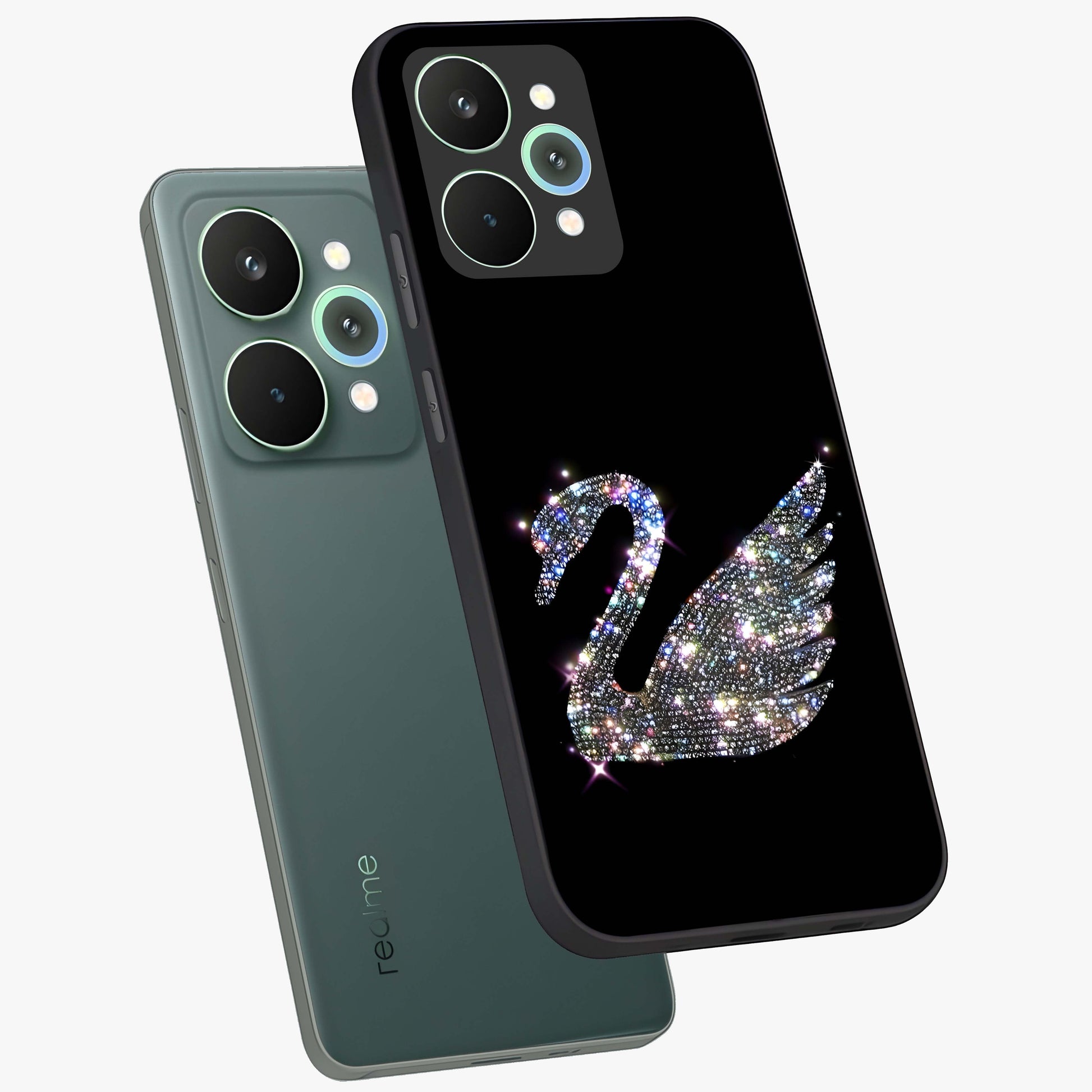 Starlit Swan Grace Glass Case displayed in angled mockup highlighting elegant swan illustration with dreamy celestial aesthetic.