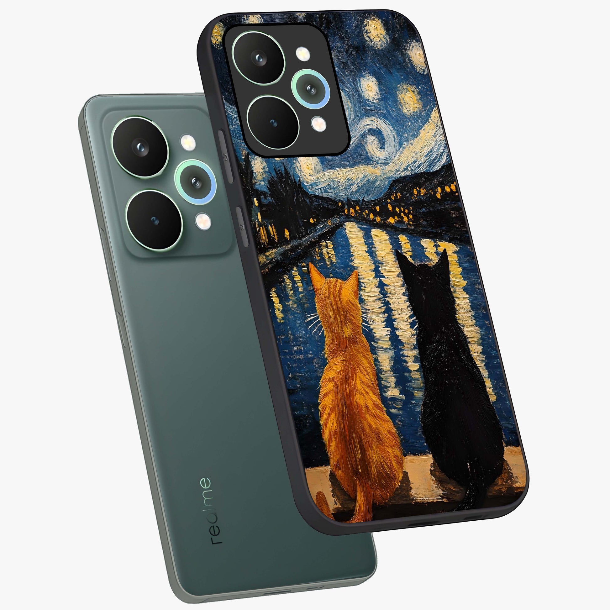 Starry River Cats Glass Case displayed in angled mockup highlighting charming feline illustration with dreamy night aesthetic.