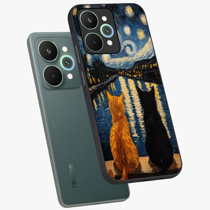 Starry River Cats Glass Case displayed in angled mockup highlighting charming feline illustration with dreamy night aesthetic.