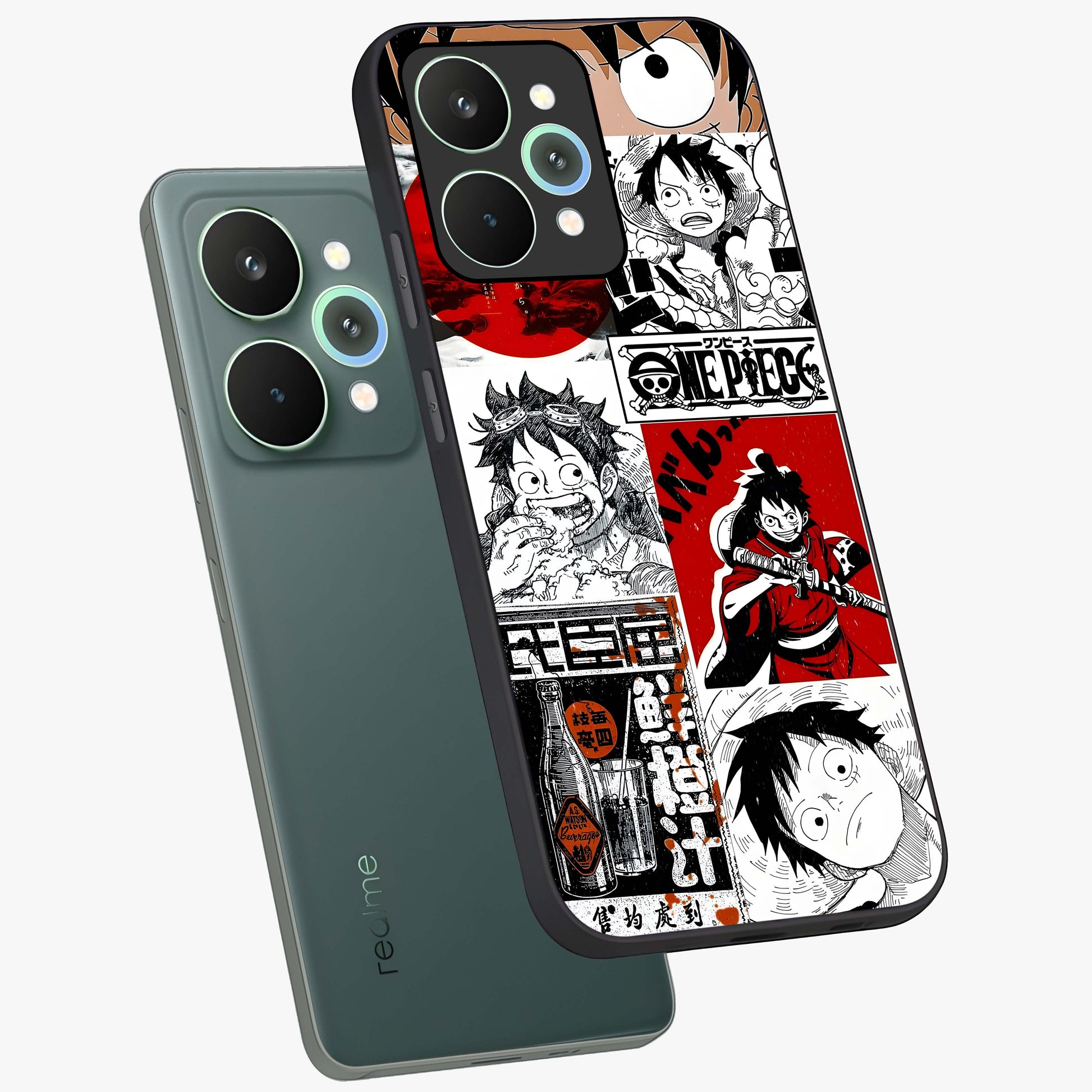 Strawhat Chaos Panels Glass Case displayed in angled mockup highlighting vibrant anime collage design with action aesthetic.