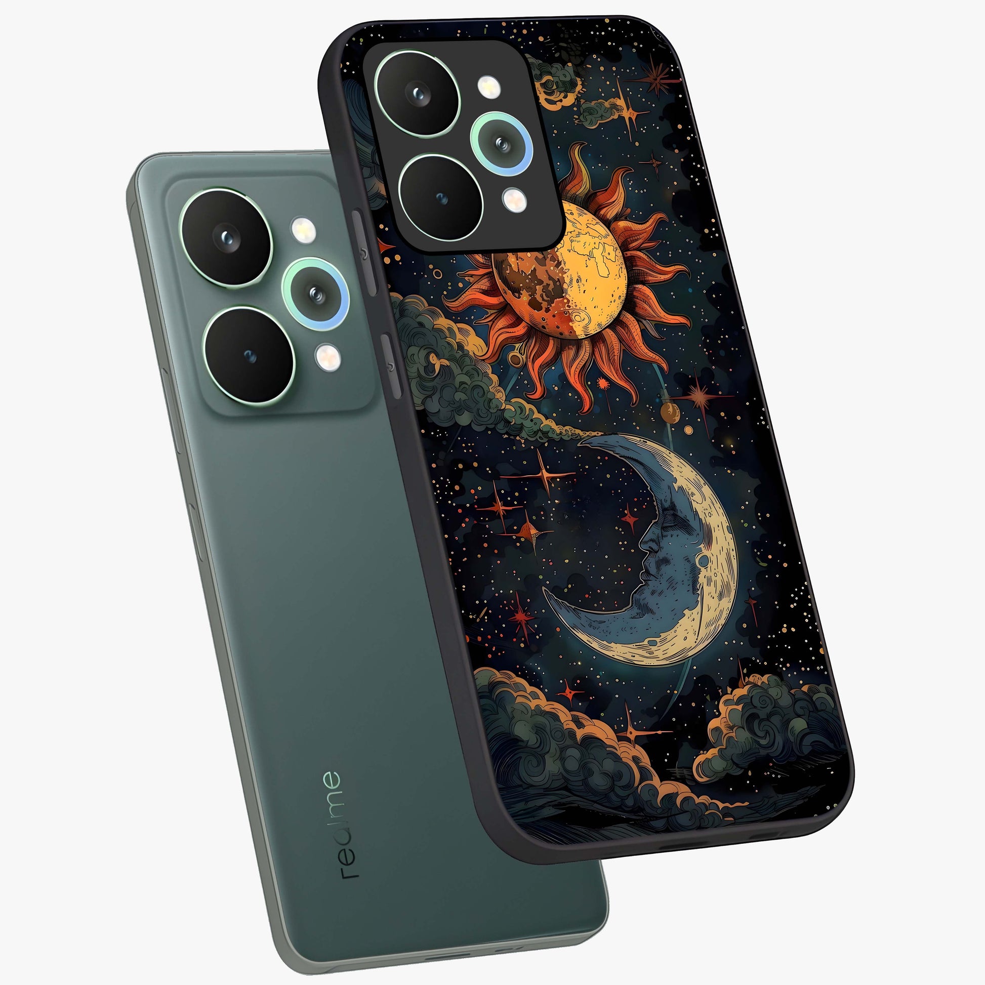 Sun And Moon Magic Design Glass Case displayed in angled mockup highlighting celestial design with magical cosmic aesthetic.