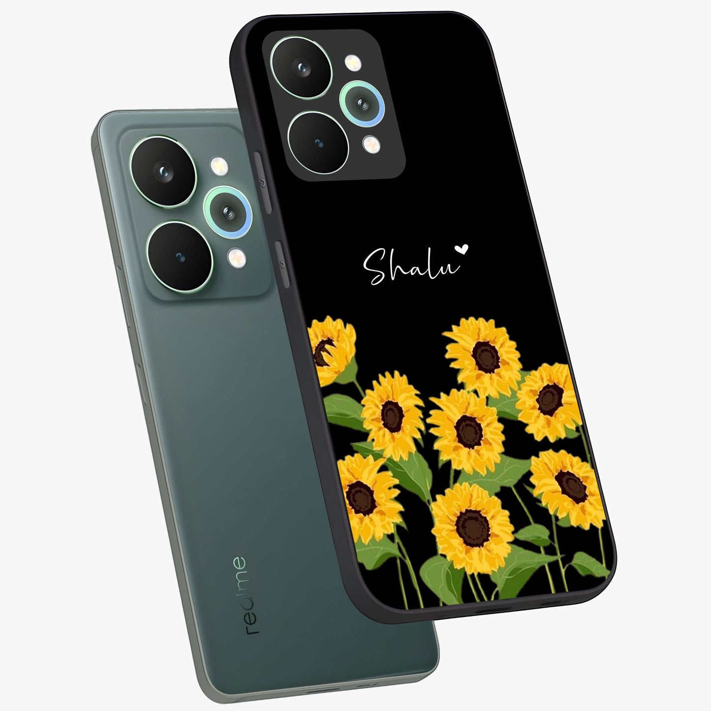 Sunflower Chic Mood Custom Name Glass Case displayed in angled mockup highlighting vibrant sunflower design with custom name feature.