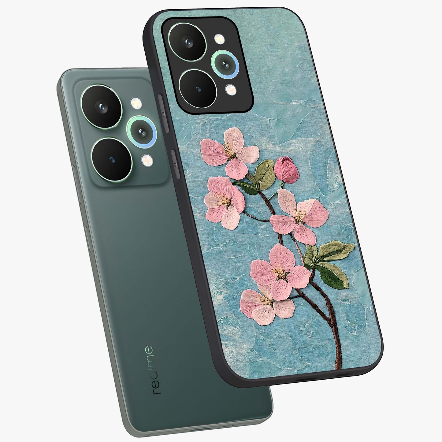 Threaded Blossom Breeze Glass Case displayed in angled mockup highlighting elegant floral design with soft aesthetic style.