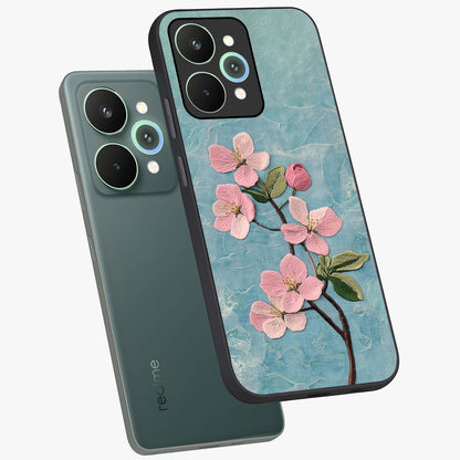 Threaded Blossom Breeze Glass Case displayed in angled mockup highlighting elegant floral design with soft aesthetic style.