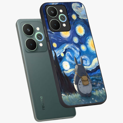 Totoro In Van Gogh Art Glass Case displayed in angled mockup highlighting artistic swirling sky design with playful animation aesthetic.