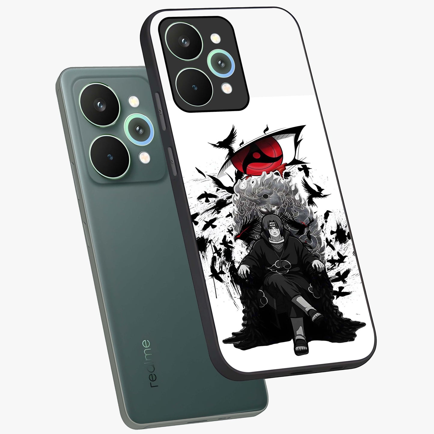Uchiha Shadow Throne Glass Case displayed in angled mockup highlighting glowing aquatic design with celestial aesthetic.