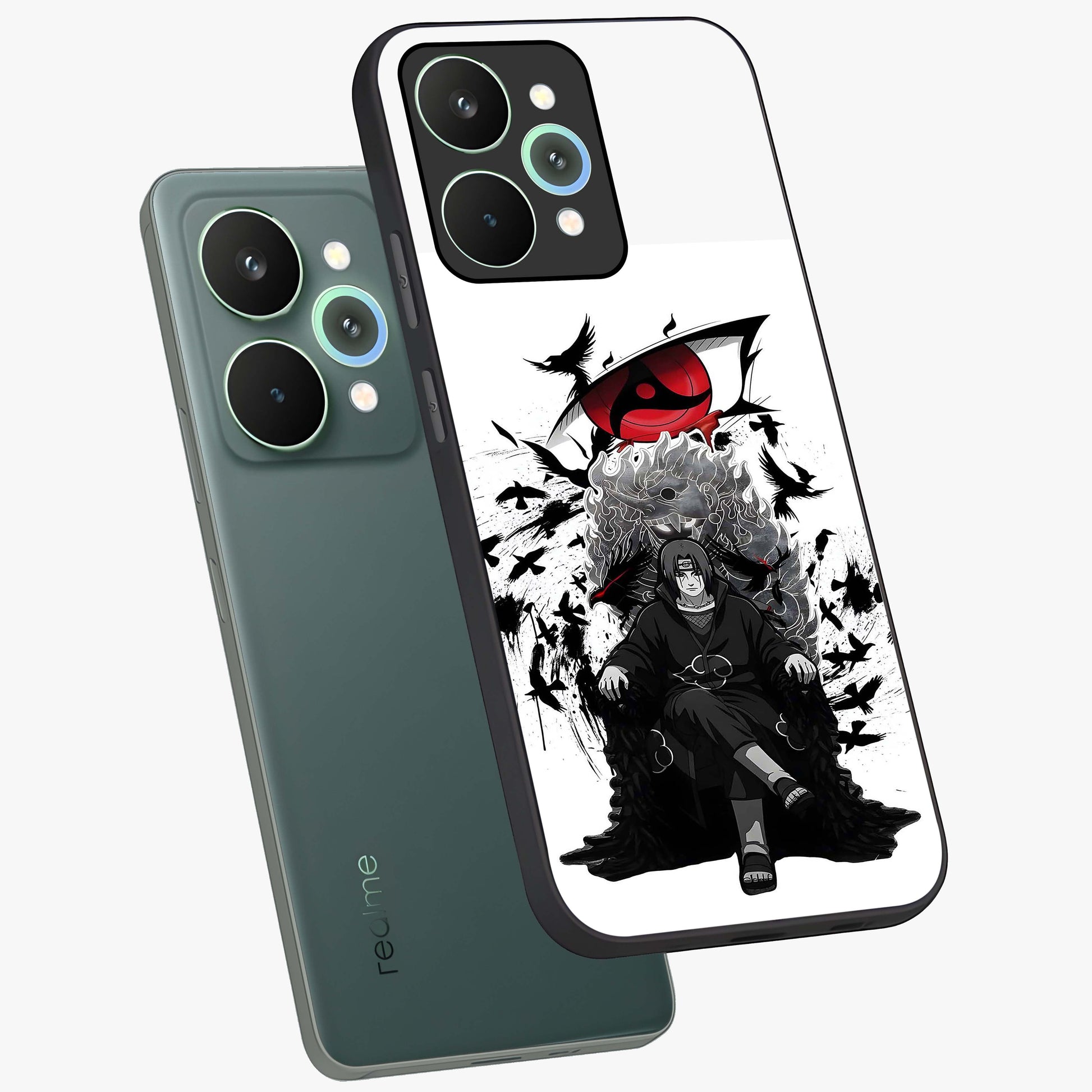 Uchiha Shadow Throne Glass Case displayed in angled mockup highlighting glowing aquatic design with celestial aesthetic.
