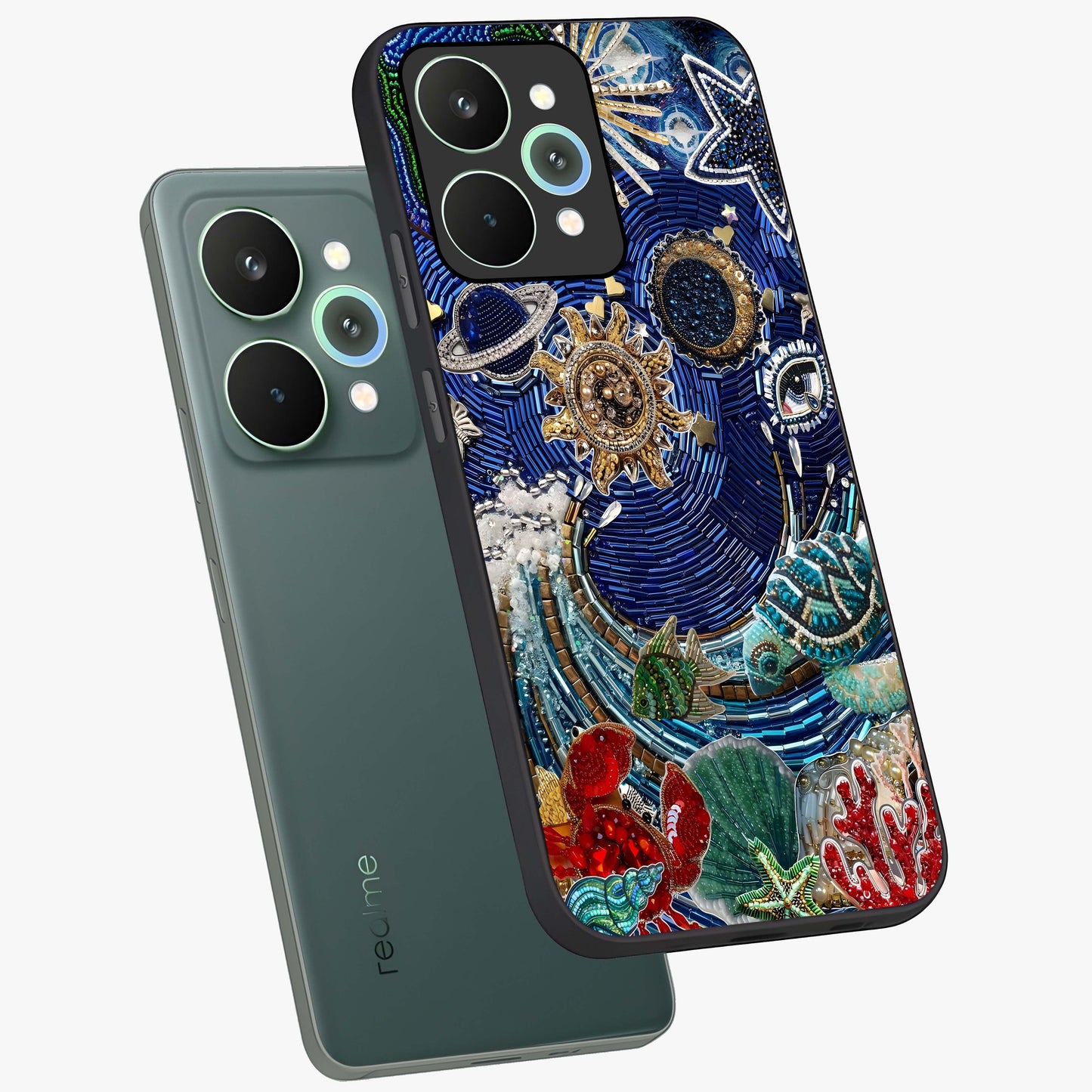Universe Underwater Spark Glass Case displayed in angled mockup highlighting glowing aquatic design with celestial aesthetic.