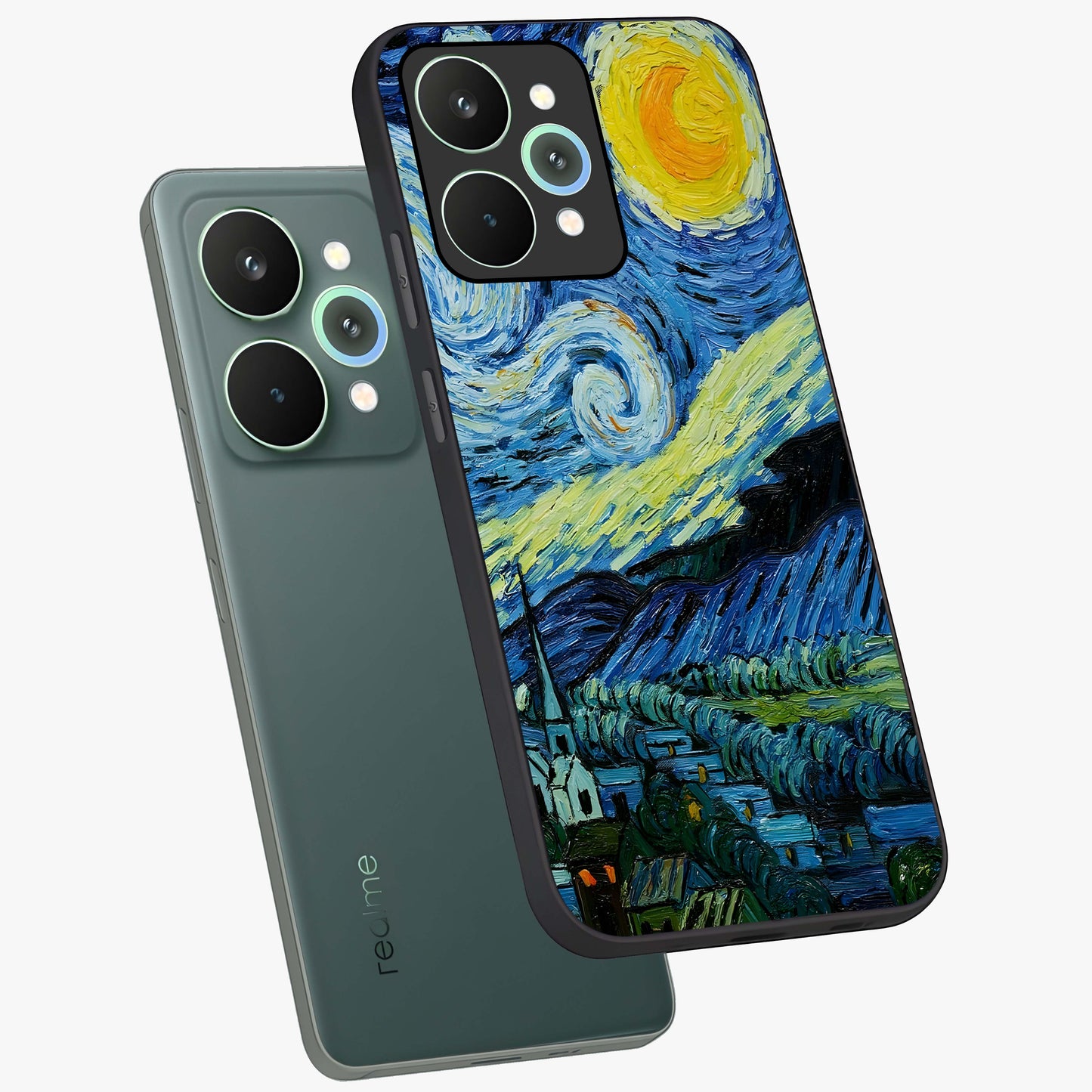 Van Gogh Art Glass Case displayed in angled mockup highlighting swirling brushstroke design with artistic aesthetic.