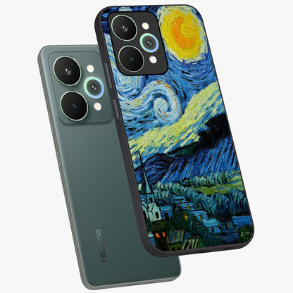 Van Gogh Art Glass Case displayed in angled mockup highlighting swirling brushstroke design with artistic aesthetic.