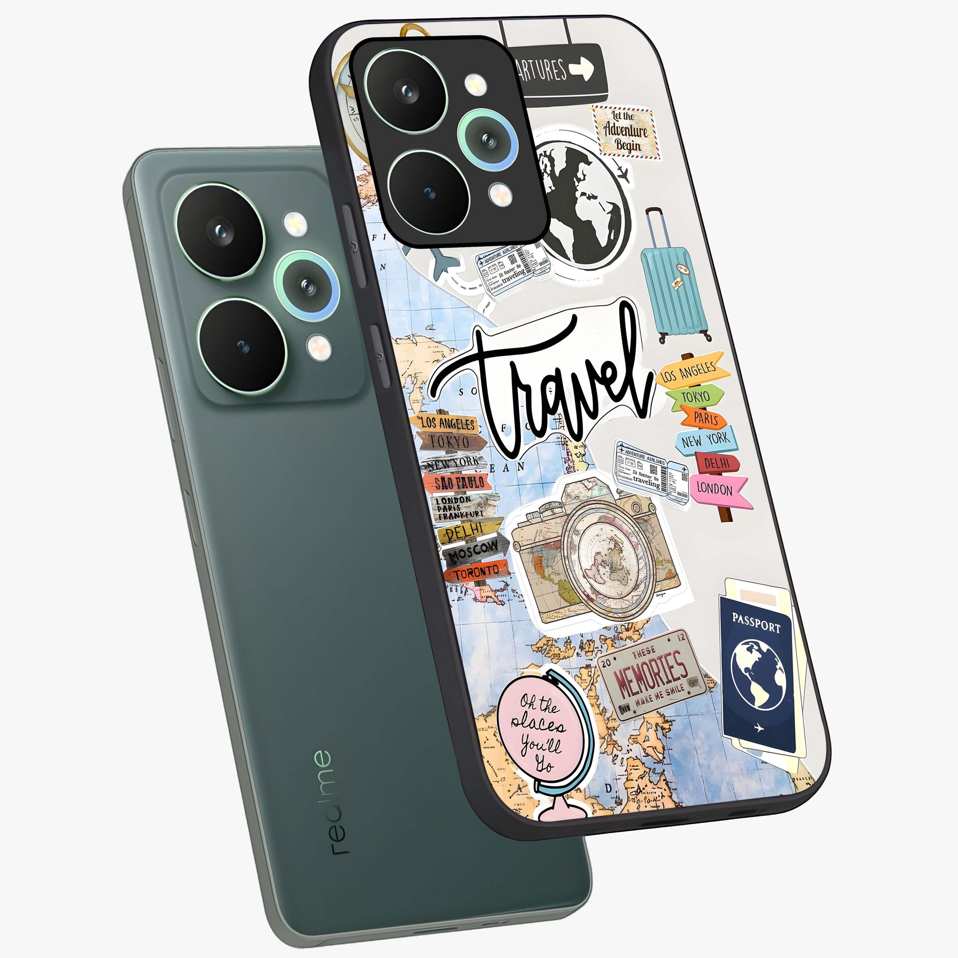 Wanderlust Journal Glass Case displayed in angled mockup highlighting adventure themed design with aesthetic travel vibe.