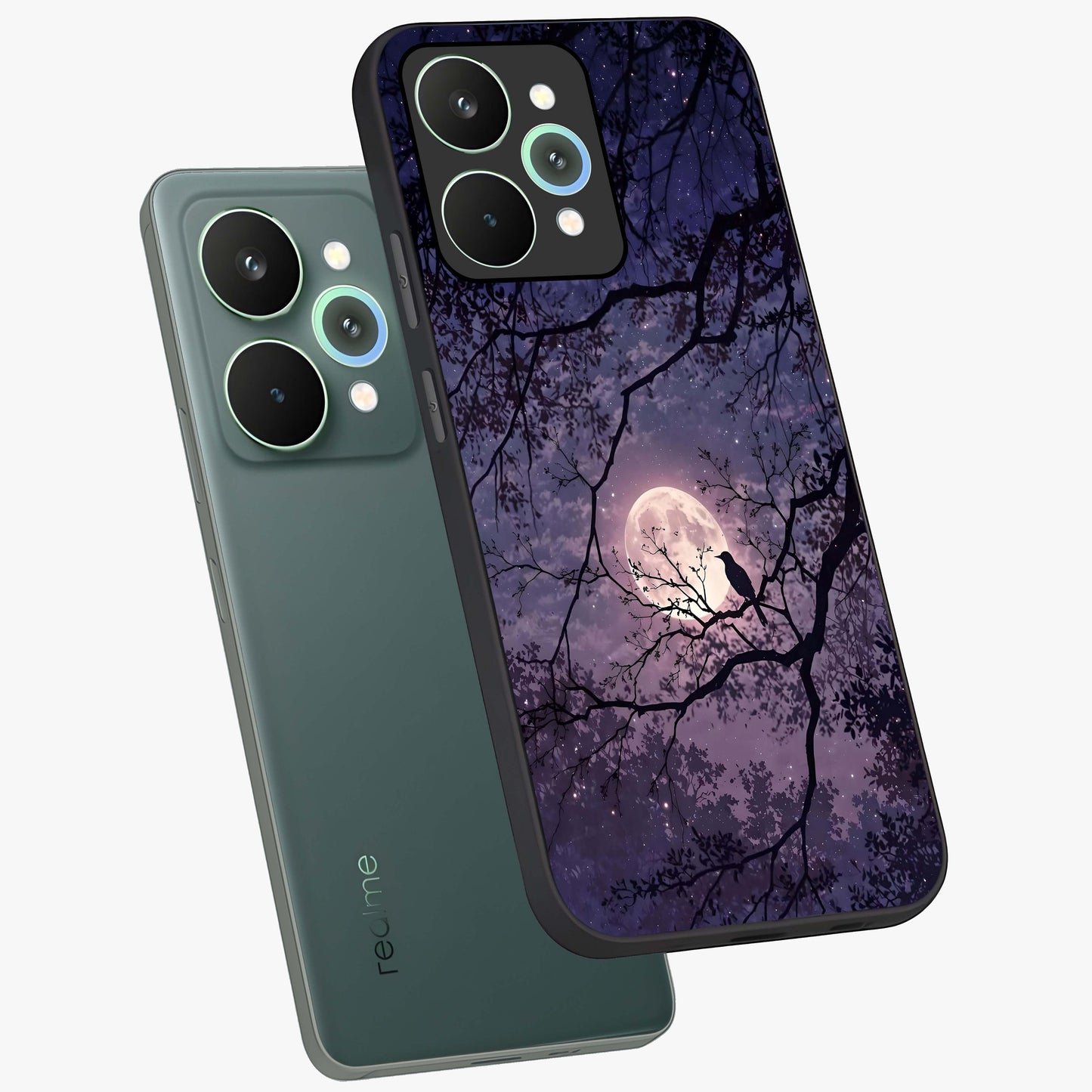 Whispering Moon Silence Glass Case displayed in angled mockup highlighting calm lunar design with dreamy night aesthetic.