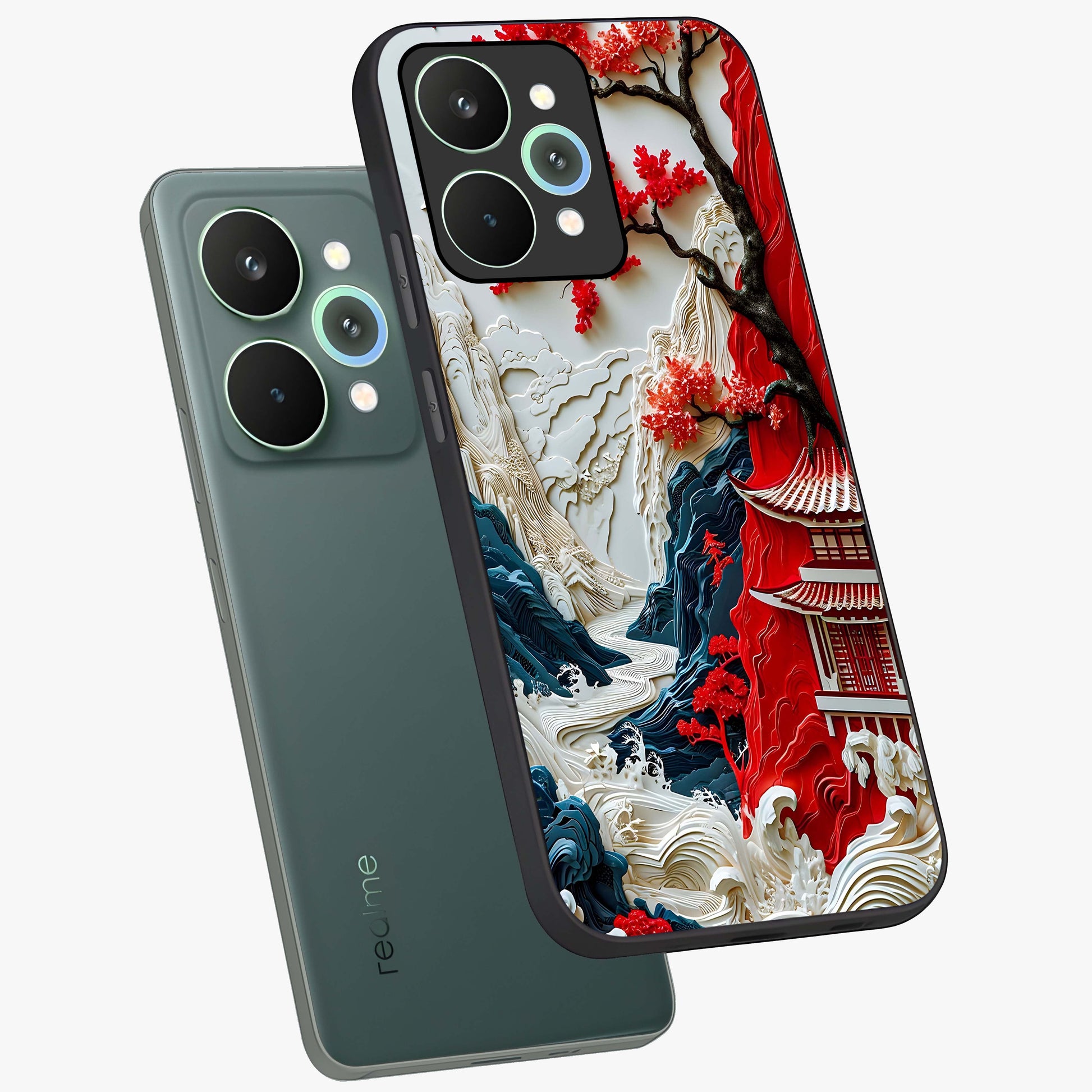 Whispers Of Sakura Waves Glass Case displayed in angled mockup highlighting flowing sakura design with soft floral aesthetic.