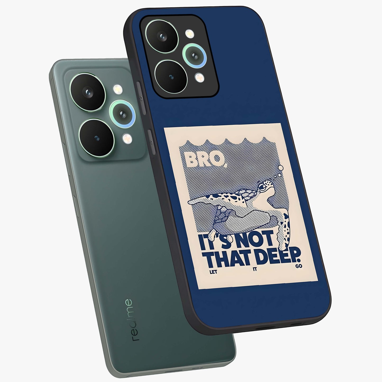 Worry Less Swim Glass Case displayed in angled mockup highlighting fun typography design with relaxed aesthetic style.