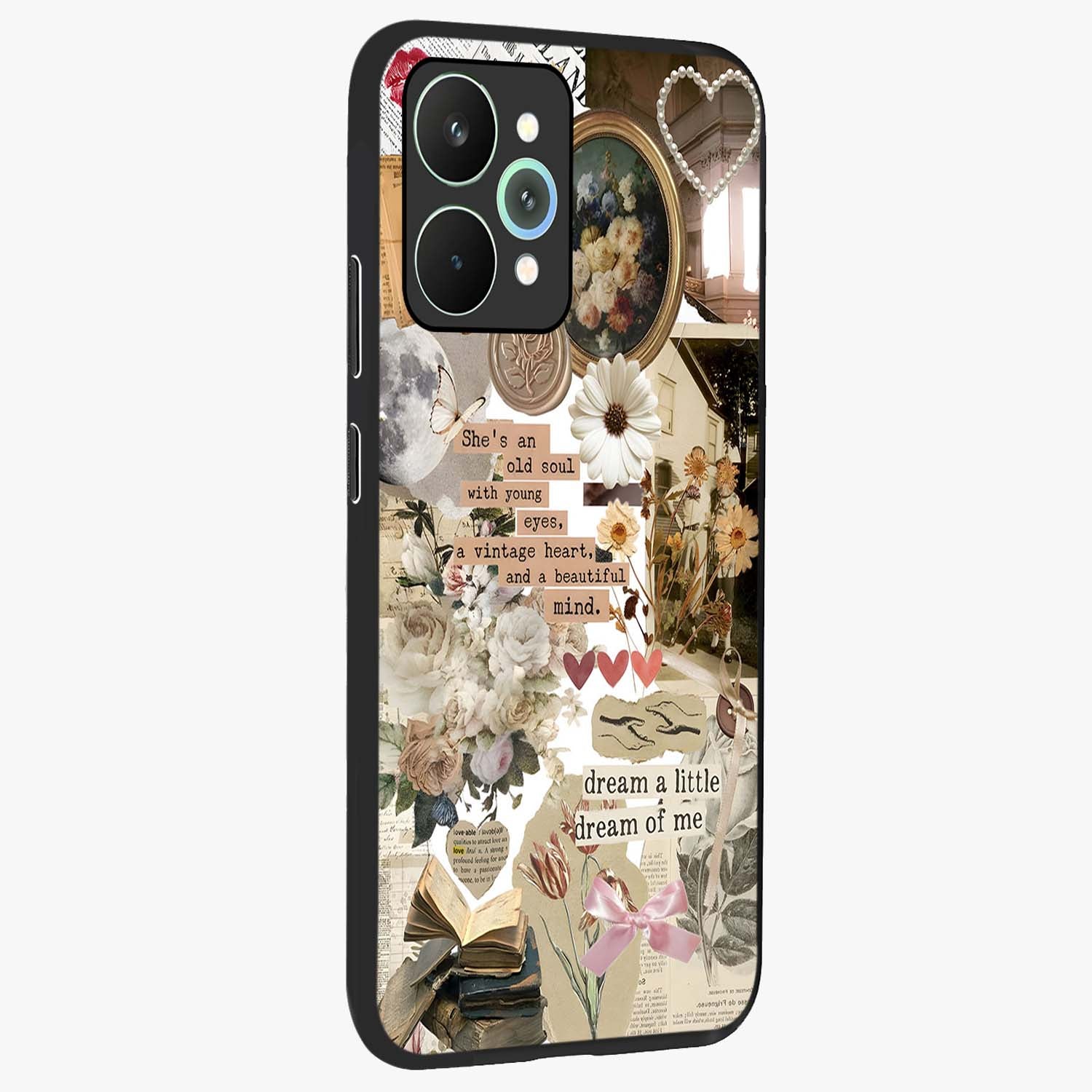 Aesthetic Brown Vintage Collage Glass Case upright view showcasing nostalgic retro artwork with stylish vintage theme.